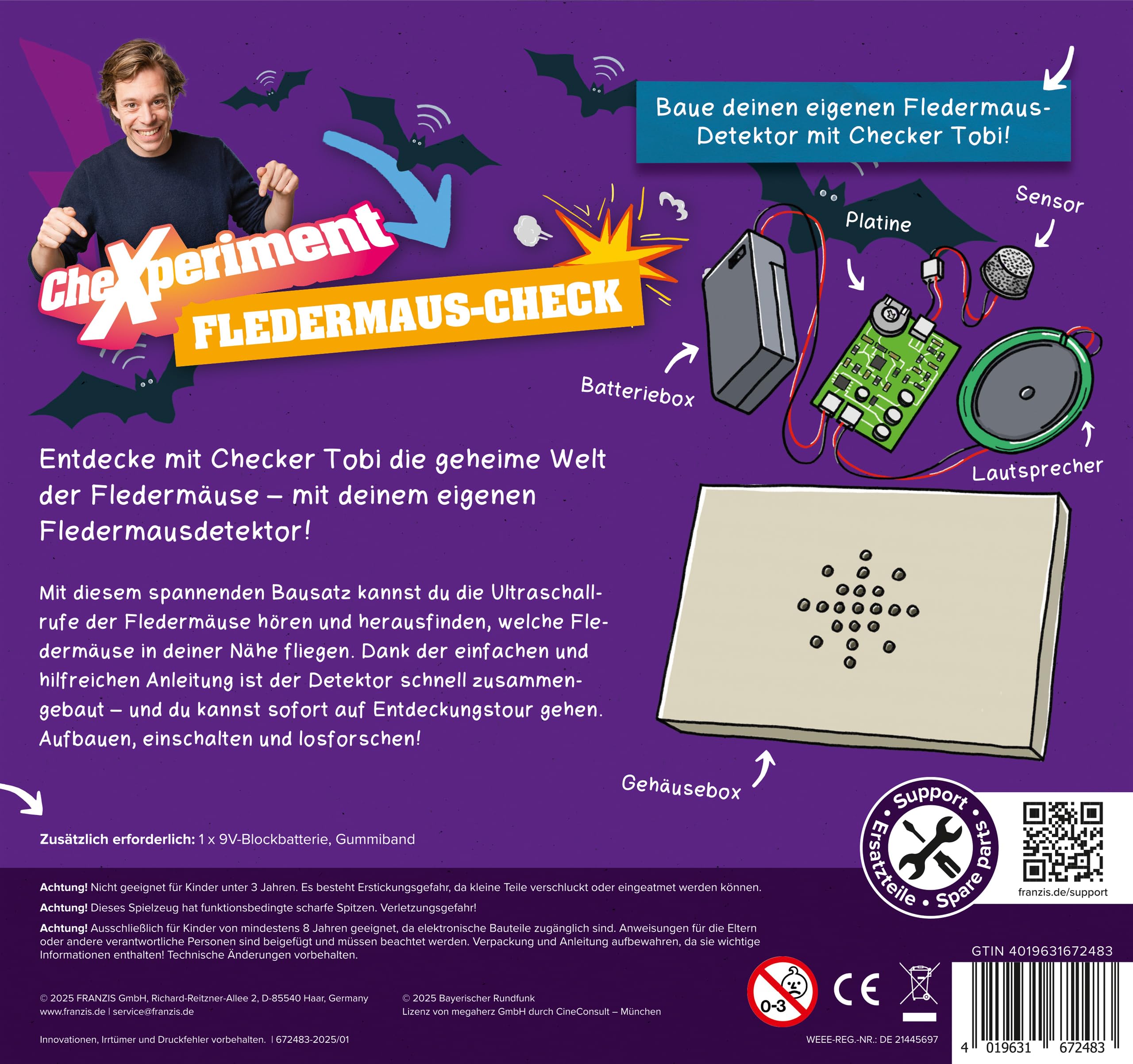 FRANZIS 67248 - CheXperiment Fledermaus Check, Baue mit Checker Tobi deinen eigenen Fledermausdetektor! Set mit Gehäusebox, Lautsprecher, Ultraschallsensor, Anleitung und weiterem Zubehör, ab 8 Jahren