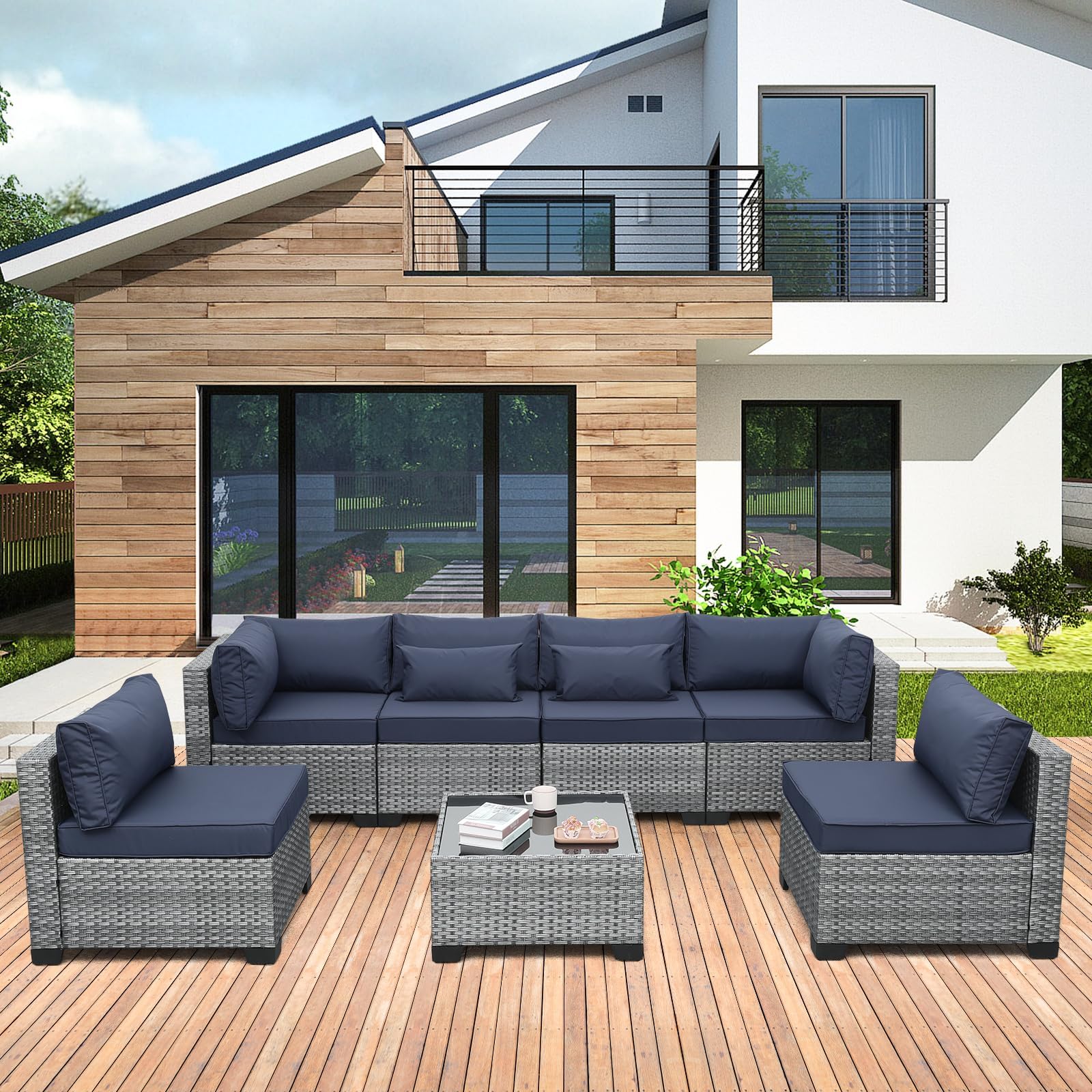Valita 7 Pieces Outdoor Wicker Furniture Conversation Set Patio Sectional Sofa Set Glass Table with Non-Slip Cushions Furniture Cover, Dark Blue