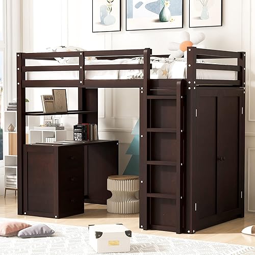Miniatura 48 de Cama alta funcional tamaño individual con 2 cajones y 2 armarios, base de cama de madera maciza con barandilla de seguridad y escalera de