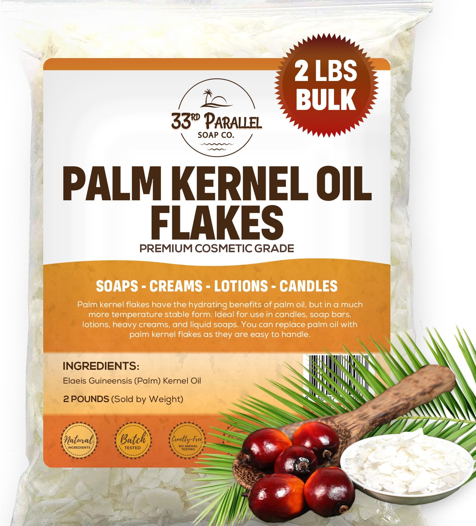 ORGANIC PALM KERNEL OIL FLAKES (2 lbs / 32 oz) Non-GMO; Premium Cosmetic Grade Palm Kernel Oil Flakes for Soap Making, Creams, Lotions & Candle Making | 2 POUND