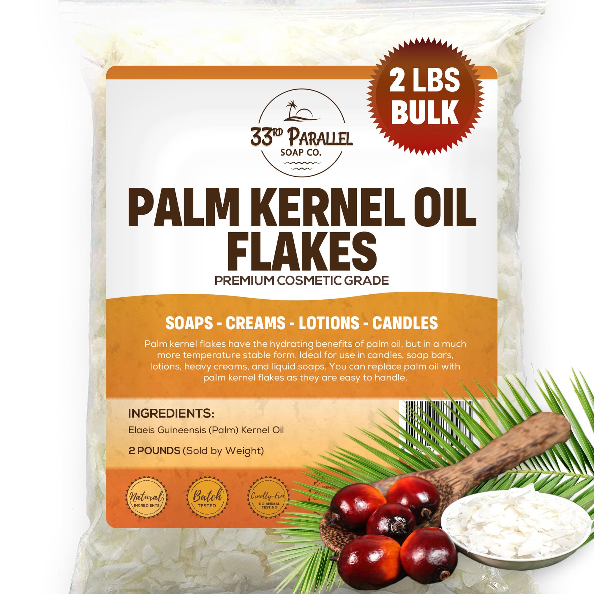ORGANIC PALM KERNEL OIL FLAKES (2 lbs / 32 oz) Non-GMO; Premium Cosmetic Grade Palm Kernel Oil Flakes for Soap Making, Creams, Lotions & Candle Making