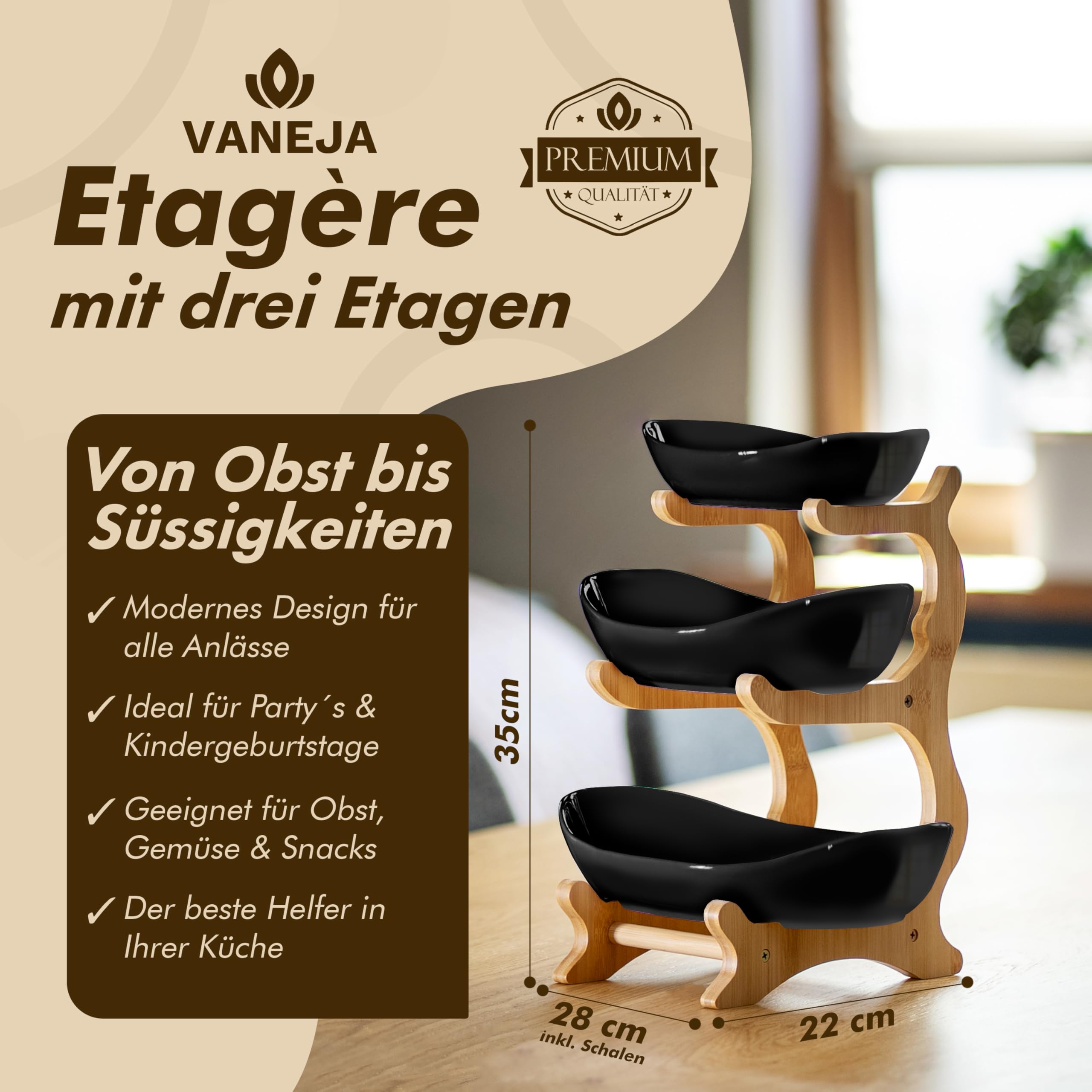 Obst Etagere 3-stöckig SCHWARZ Keramik Obstschale