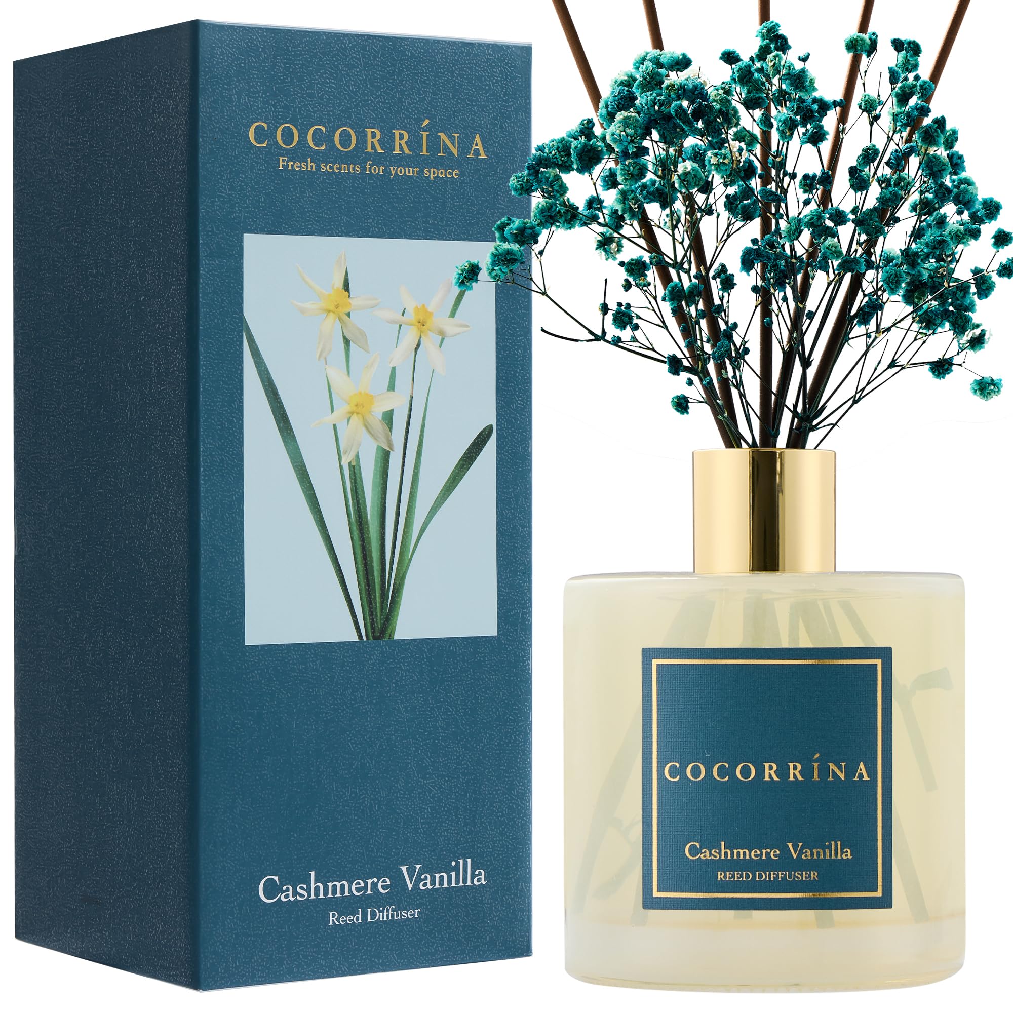 COCORRÍNA Cashmere Vanilla Reed Diffuser - 17 Fl.oz with 8 Sticks and Preserved Flowers for Home, Office, Bedroom, Kitchen, Bathroom, Gifts