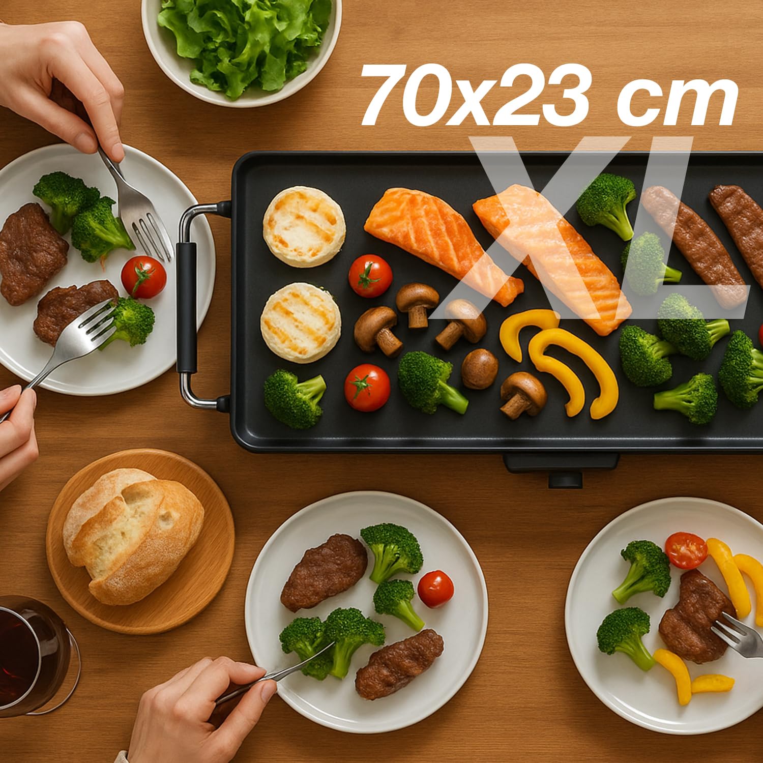 BEPER P101BBQ070 Elektryczny grill teppanyaki XL 70x23 cm, z powłoką nieprzywierającą, regulowanym termostatem, uchwytami termoizolacyjnymi, 2000 W, bez BPA i PFOS