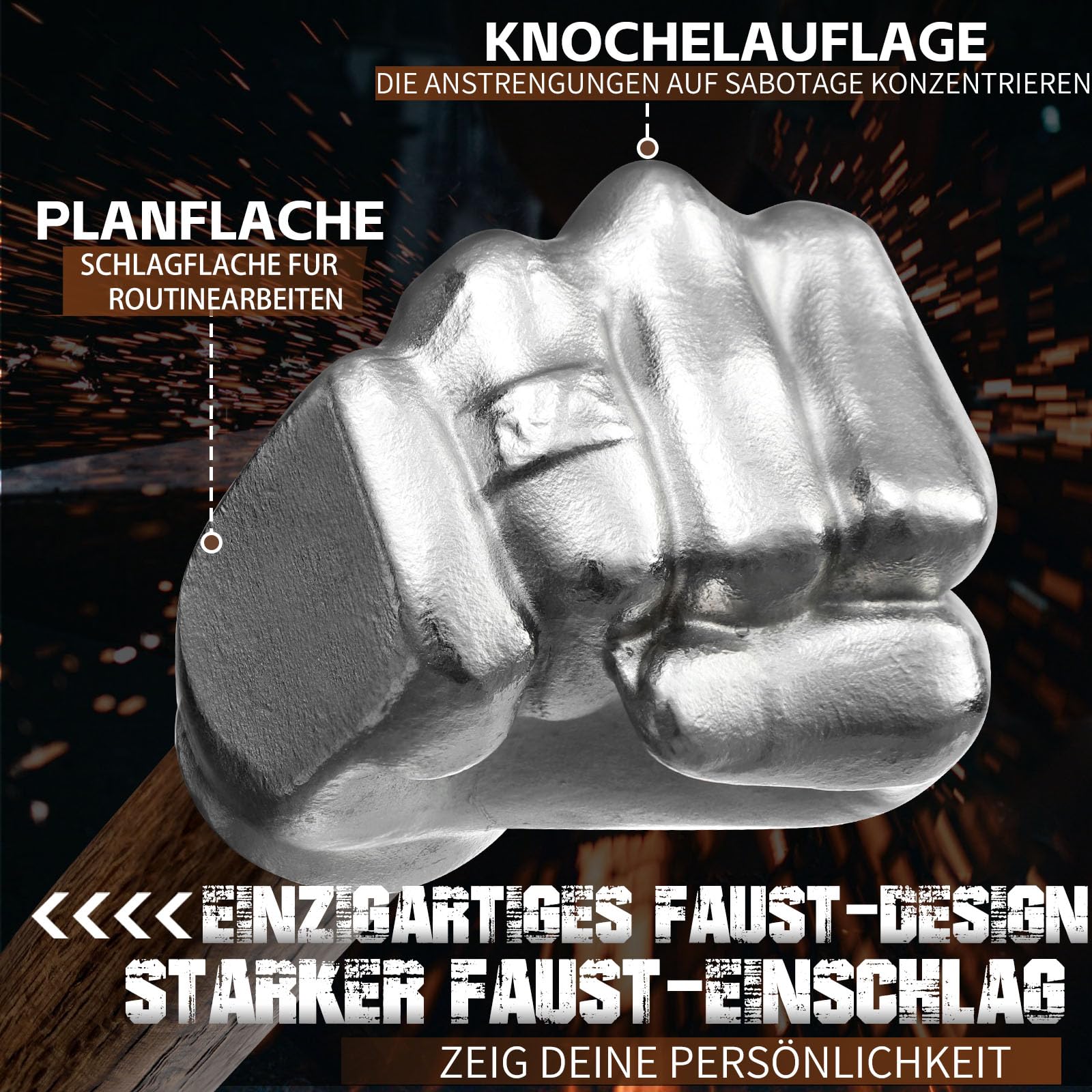 Faust Hämmer mit Holzgriff 0,9 kg - Handhammer in Faustform für DIY, Handwerk & Camping