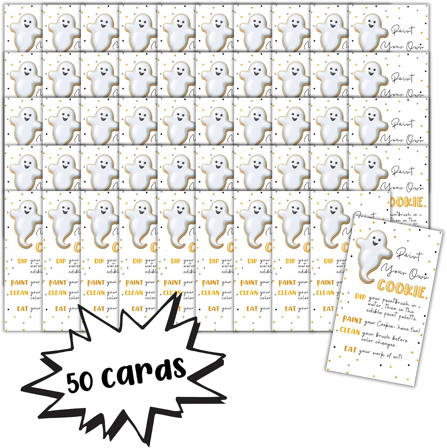Halloween Paint Your Own Cookie Instructions Card 50pk 2x3.5” How To for Bakers Crafts Editable Dye White Icing Painting Set Dessert image 2