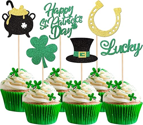 24 piezas de adornos para cupcakes del día de San Patricio, trébol con purpurina de tres hojas, trébol de la suerte, para cupcakes, sombrero,