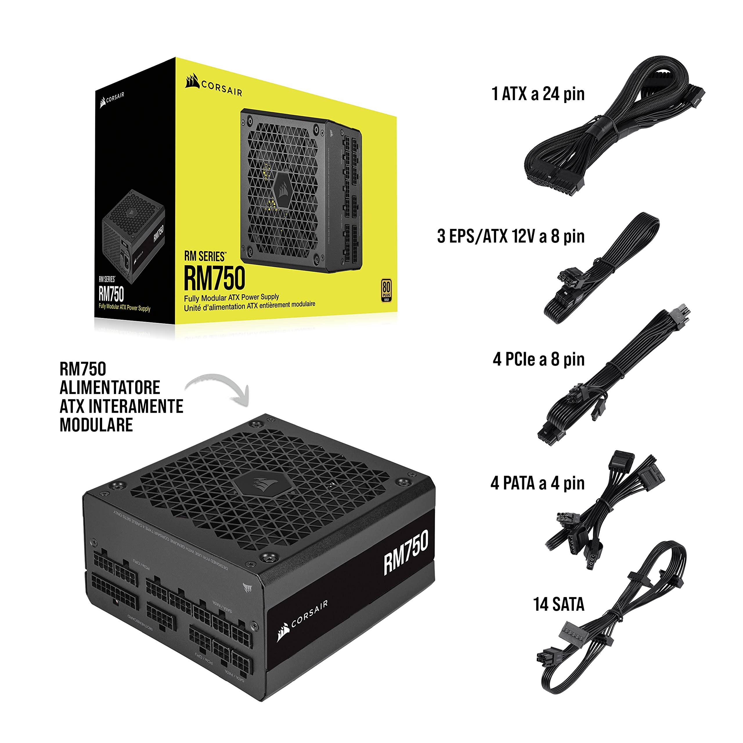 Corsair RM750 (2021), RM Serie, 750 Watt 80 Plus Gold Alimentatore ATX Interamente Modulare (Connettori EPS12V Tre, Bassa Rumorosità, Modalità Zero RPM, Condensatori con Rating a 105 ºC) Nero