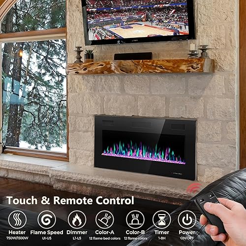 Vista 17 de Insertos de chimenea eléctrica de 50 pulgadas, empotrados en la pared y montados en la pared, calentador ultrafino con temporizador, efecto de llama