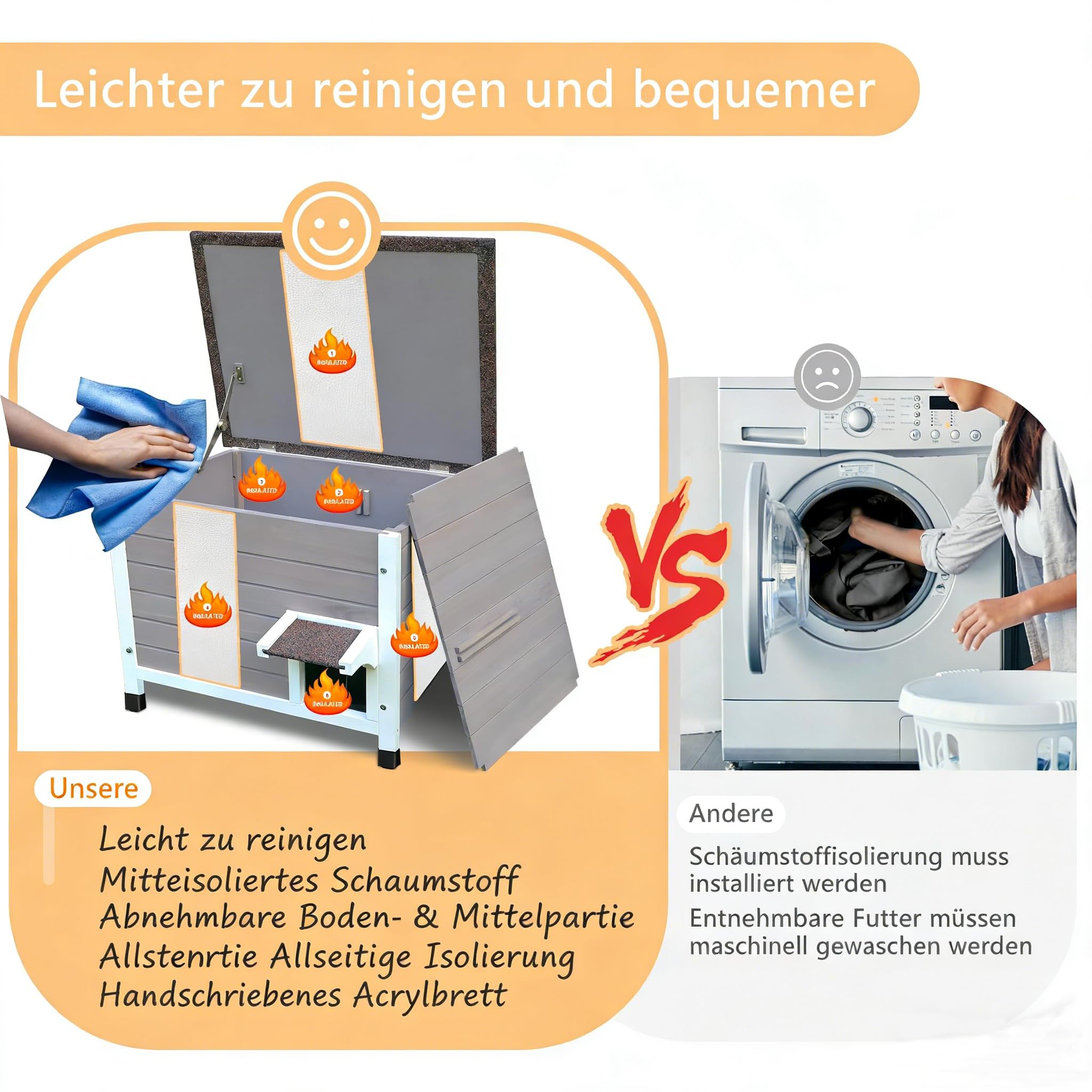 Katzenhaus Outdoor aus Holz, Katzenhaus wetterfest, Katzenhütte für mehrere Katzen, Katzenbox aus Holz für draußen, schaumisolierte Wände, offenes Dach, Türklappen aus PVC, Modern Grau