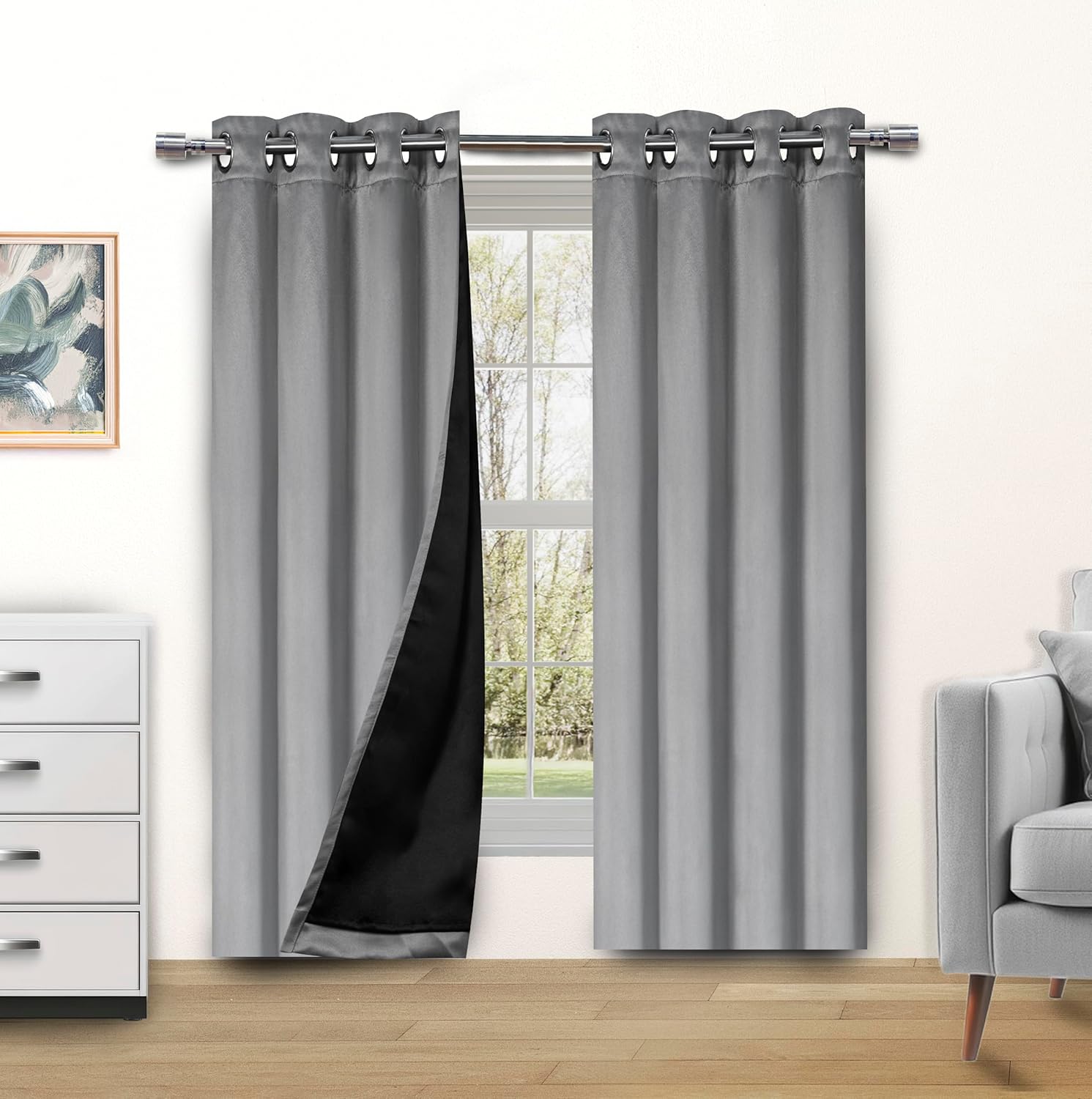 Blackout Curtains for Bedroom and Living Room, Bedroom Decor, Black Liner for 100% Blackout, Thermal Insulated, Built with Stainless Steel Grommet, Easy Installation, Grey, 42x63