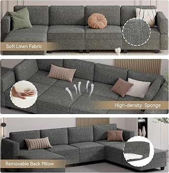 Nalupatio Modular Sectional Sofa Couch with Storage, Convertible 7 Seat U Shaped Sofa with Chaise, Reversible Linen Fabric Upholstered Sofa Bed with Supportive & Sponge for Living Room, Dark Grey