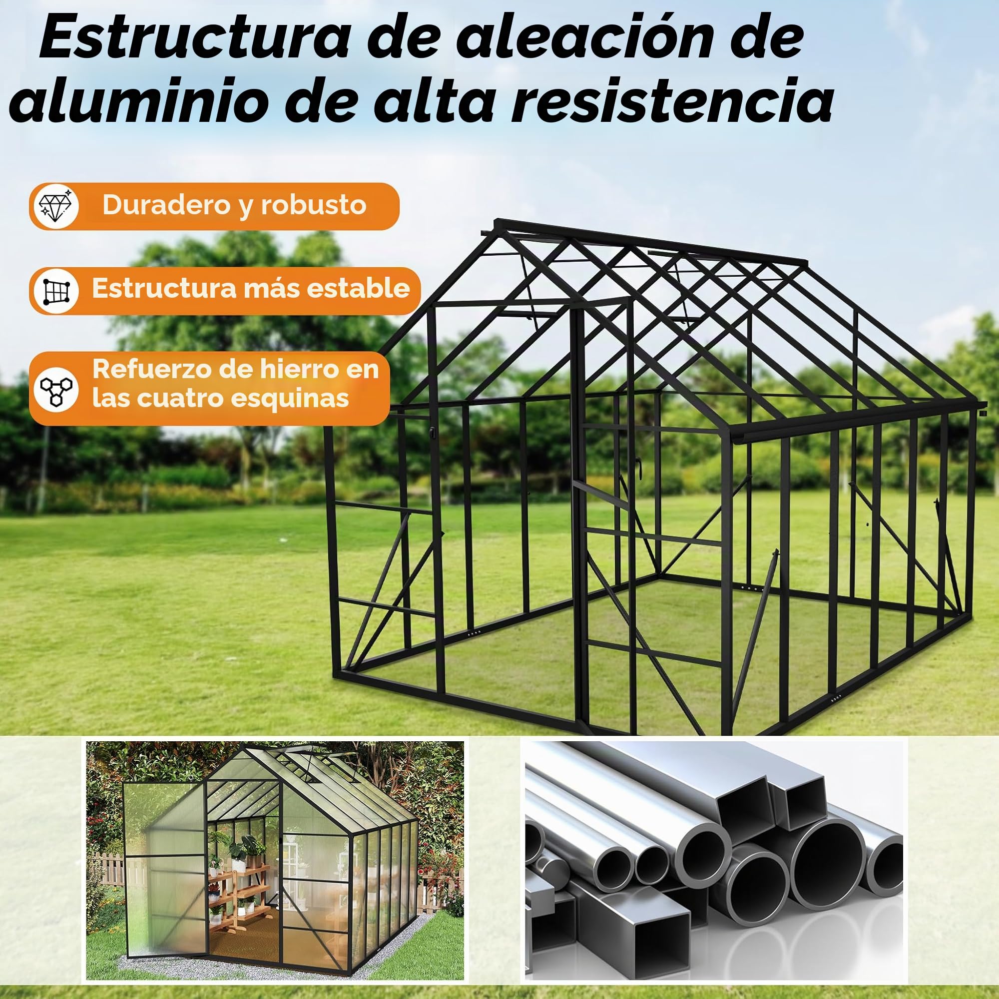 Invernadero de aluminio con PC paneles transparentes, claraboya, puerta y fundaciones, 305x250x205cm invernada tienda de jardinería accesible, vivero de cultivo para jardín y exterior