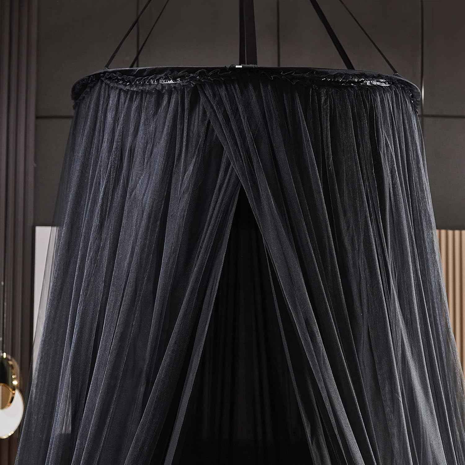 Kertnic Luxurious Bed Canopy for Girls & Adults - Double Layer Princess Canopy with Lace, Round Dome Mosquito Netting for Queen/King Bed Tent (Black)