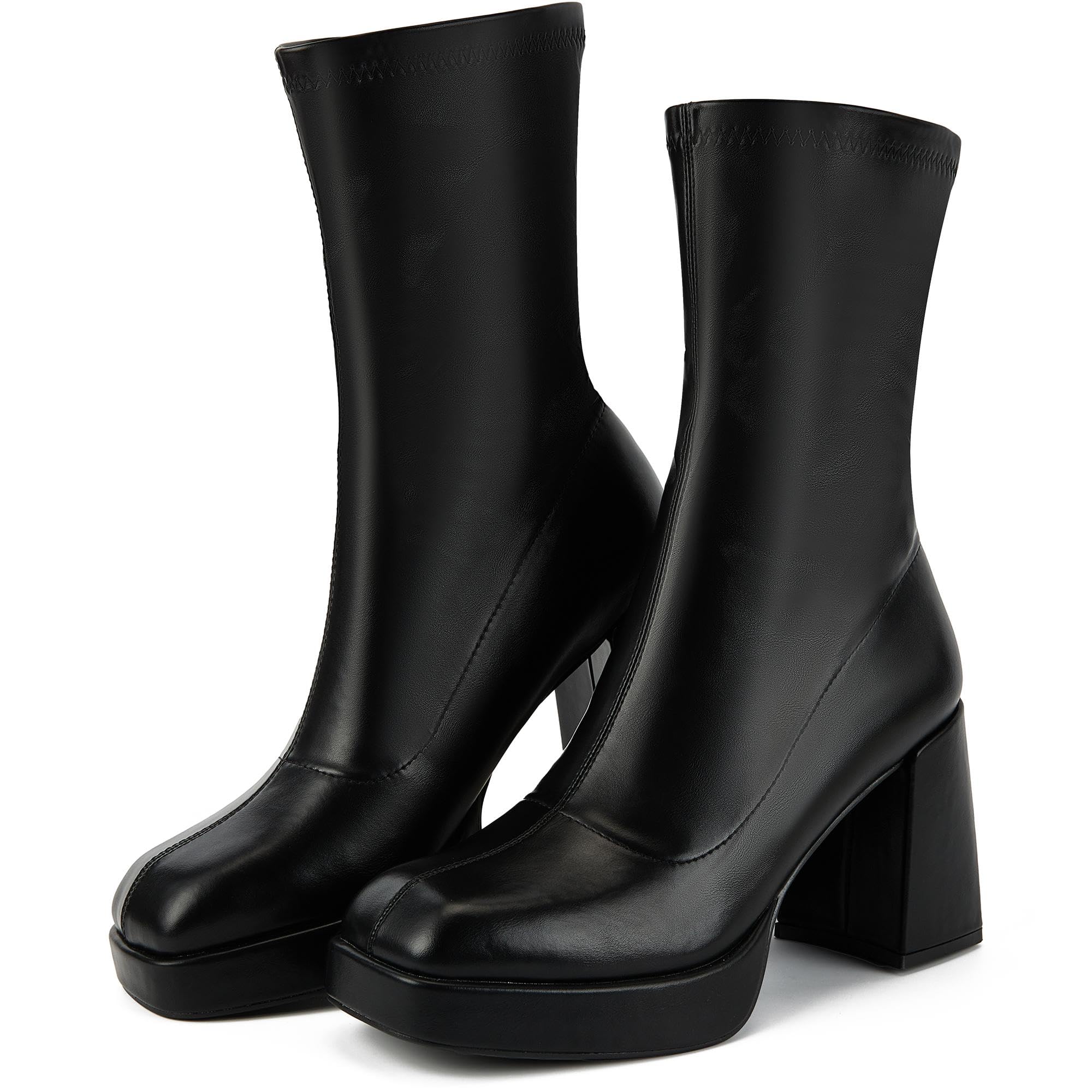 Putu Platform Boots for Women GoGo Boots Square Toe Chunky Heel Ankle Boots Pull on Booties