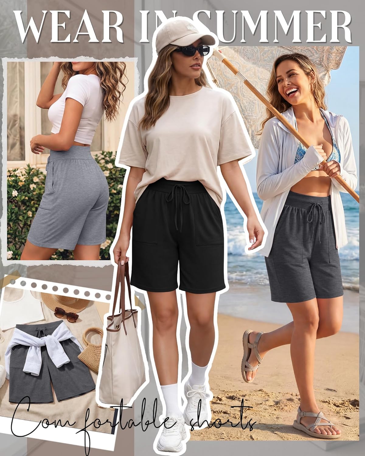 Locoowai 3 Pack Women's Bermuda Shorts High Waist Drawstring Knee Long Shorts Casual Lounge Athletic Bottoms with Pockets