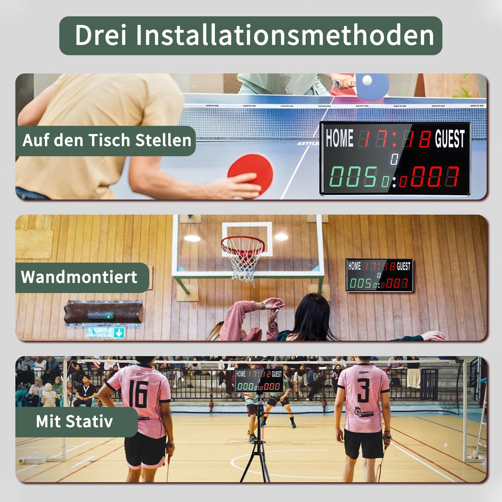 Tragbare Elektronische Anzeigetafel Fussball, 13-stellige Basketball Punktezähler mit Uhr, Tischtennis Zähler mit Countdown/Aufwärtszählung, Digital Scoreboard für Volleyball, Cornhole, Badmin