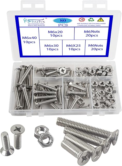 Rshuhx 80PCS M6 Cross Countersunk 304 Stainless Steel Machine Screws Bolts and Nuts Flat Head Phillips Screw Fastener Repair Tools Assortment Kit for Baby Crib Headboards Chairs Furniture