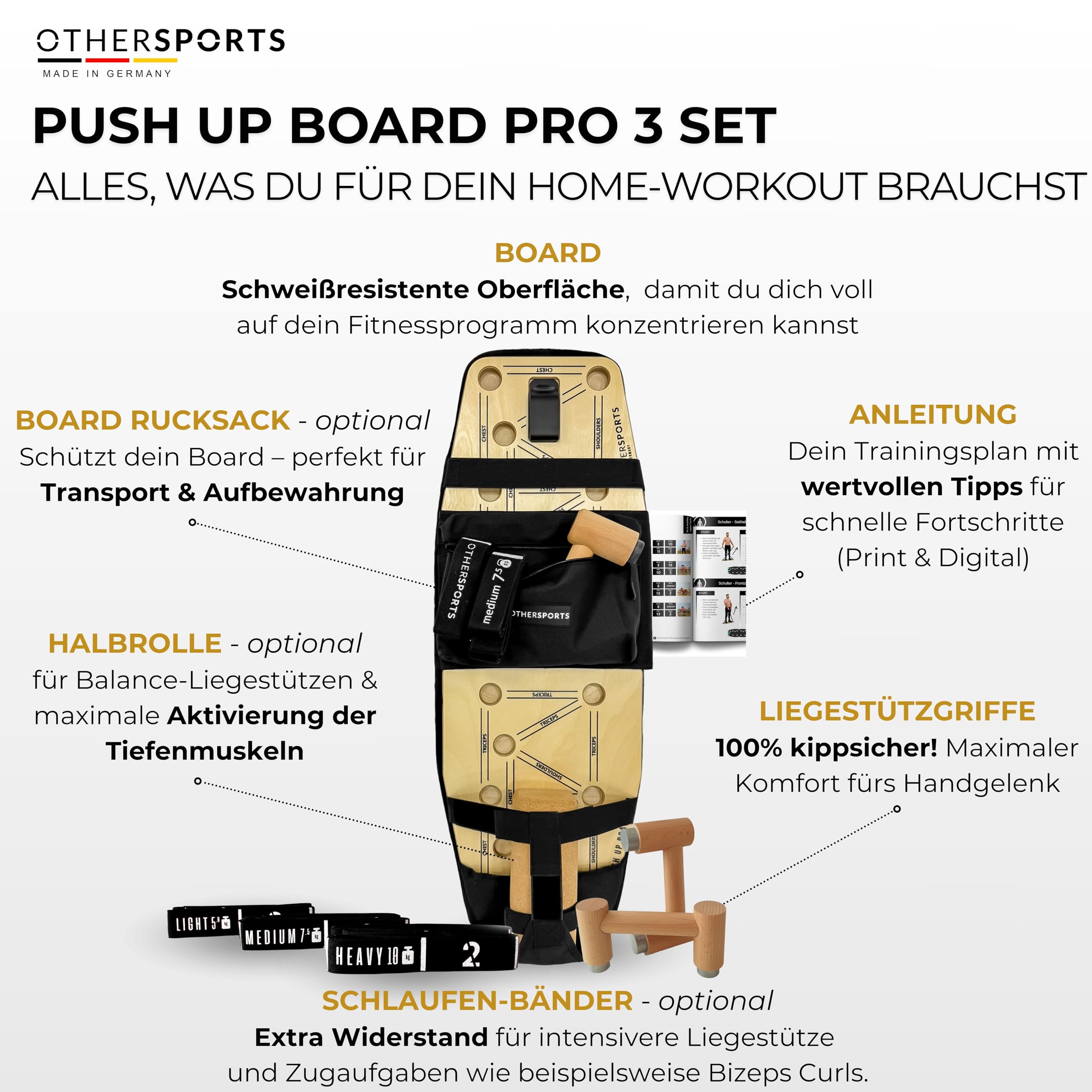 Liegestütze Brett Pro 3 – Maximal effektives Brusttraining mit Balance + Widerstandsfunktion – Push up Board Holz – Brust Trainingsgerät
