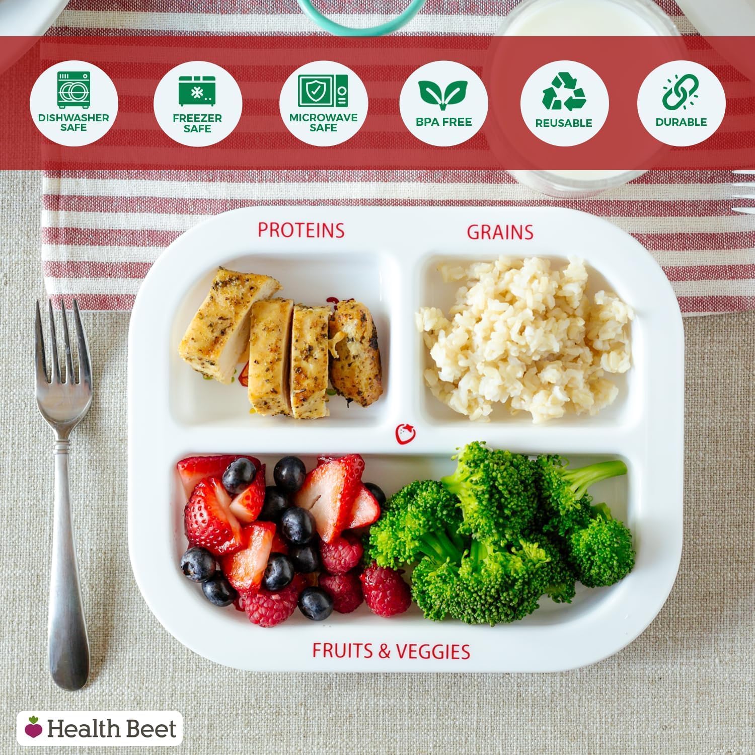Health Beet MyPlate Portion Control Plate, 8" x 10" - Kids Plate with 3 Divided Sections for Protein, Grains & Fruits + Veggies, Dishwasher & Microwave Safe Plates with Dividers, 1 Pack image 4