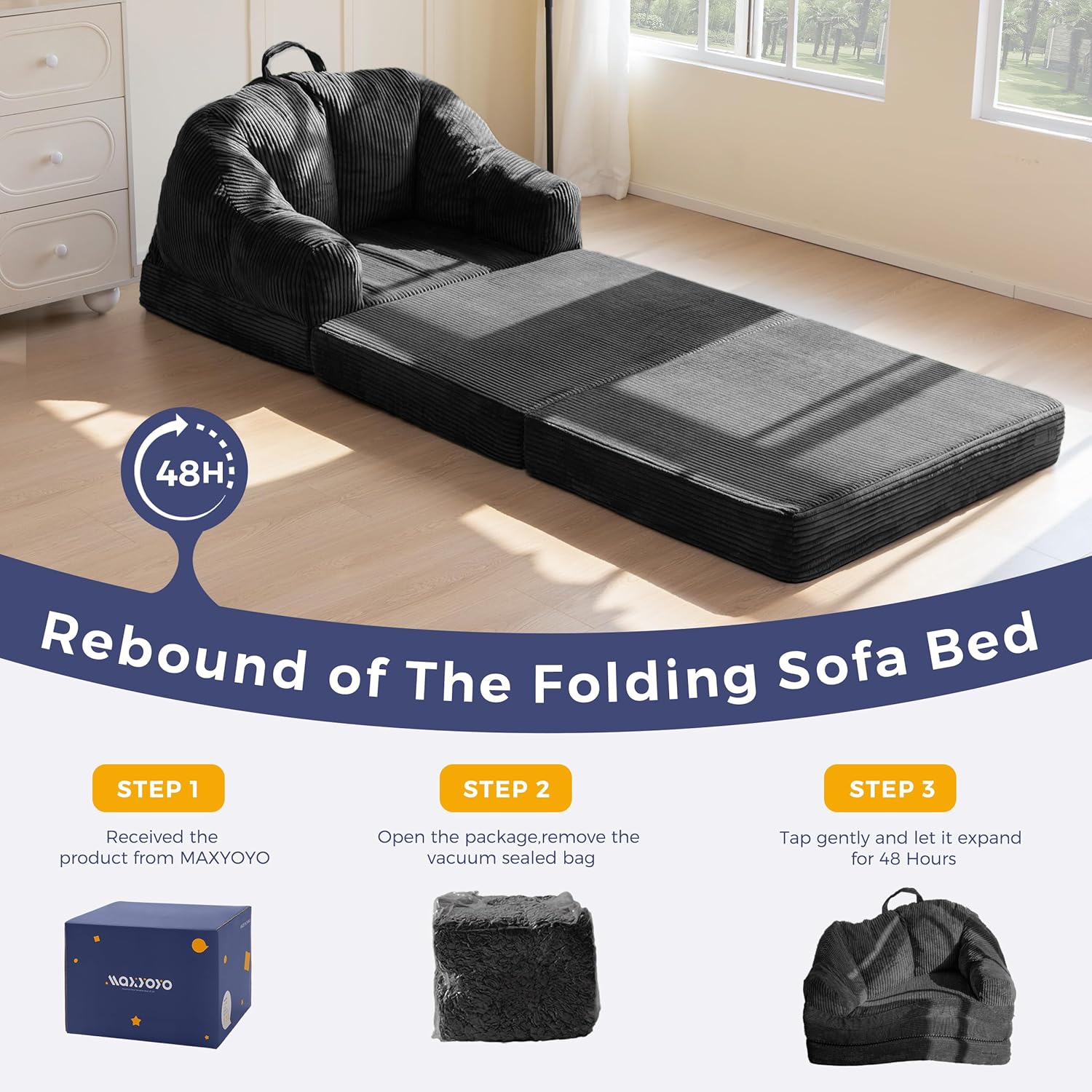MAXYOYO Folding Sofa Bed with Backrest, Boneless Fold Out Couch Bed with Handle, 2 in 1 Convertible Bean Bag Chair to Floor Sofa Lounger, Comfy Folding Couch for Bedroom & Living Room, Black
