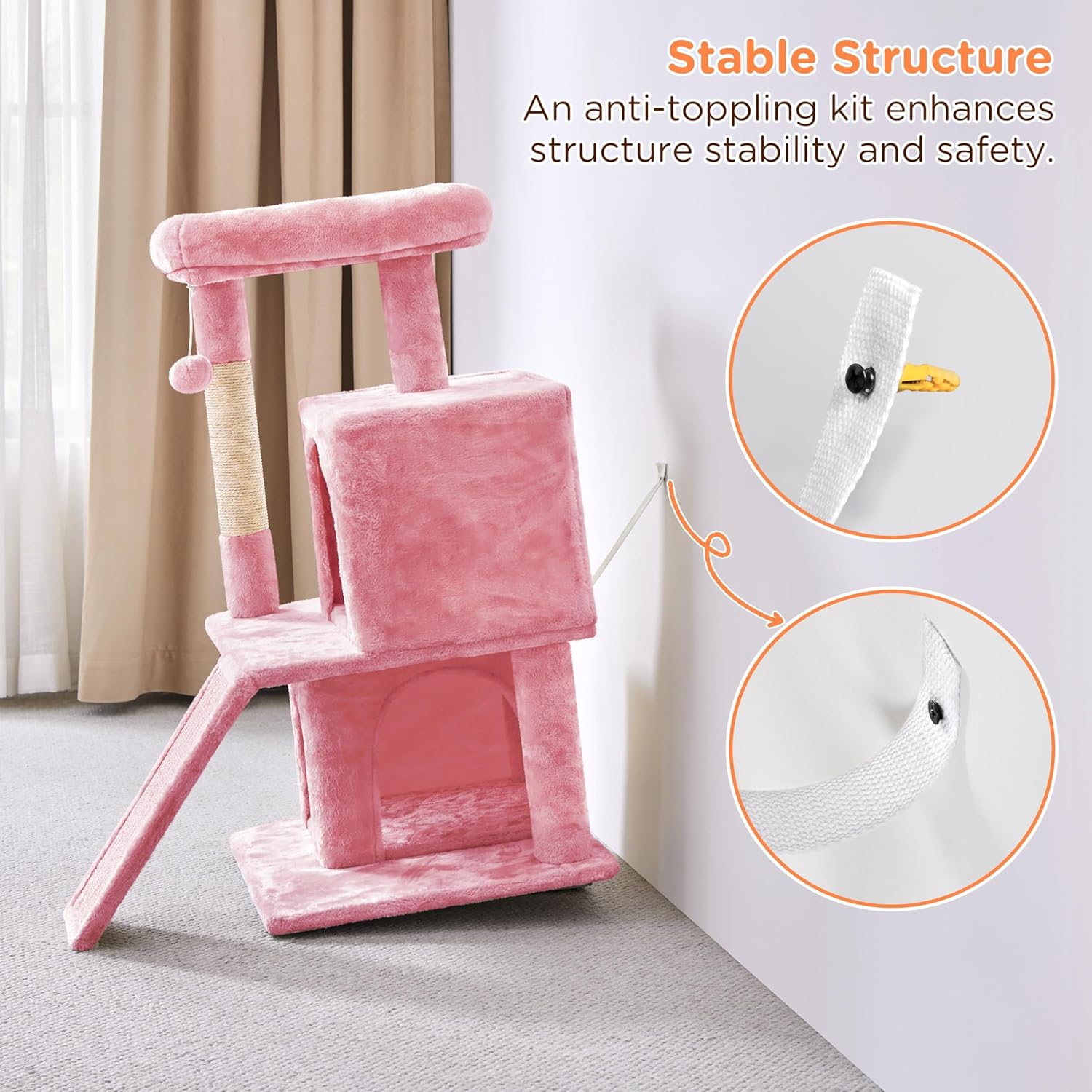 Yaheetech Cat Tree Cat Tower Play House Climber Stand Furniture with Scratching Post, Plush Perch, Dangling Ball, Two Condo and Ramp, for Kittens, Cats and Pet, Pink