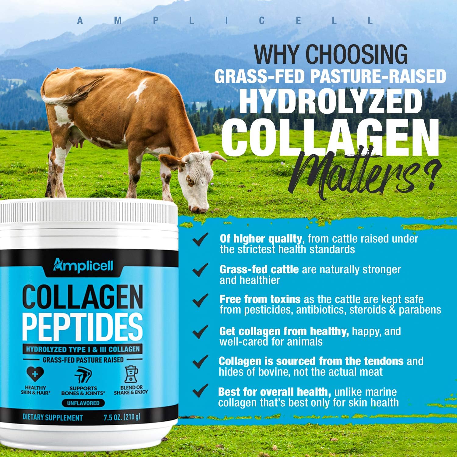Collagen Peptides - 210g Hydrolyzed Collagen - Type 1 & Type 3 Multi Collagen Protein Powder - Grass Fed Collagen Powder - Collagen Keto Protein Powder - Pure & Unflavored Collagen Hydrolysate