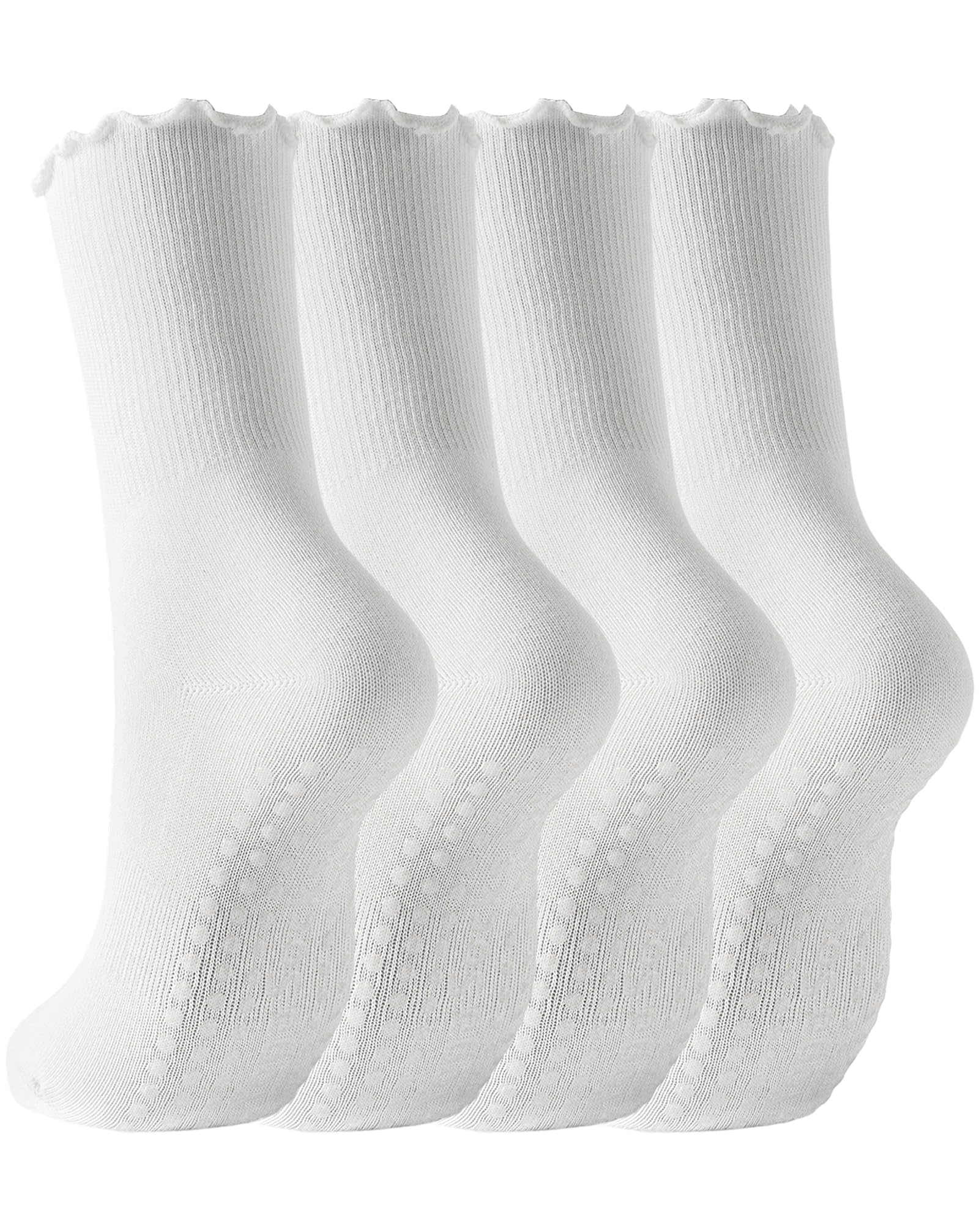 Yawlsow Pilates Grip Socks for Women, Ruffle Yoga Socks Non Slip, Cotton Crew Sports Socks for Barre, Dance, Hospital