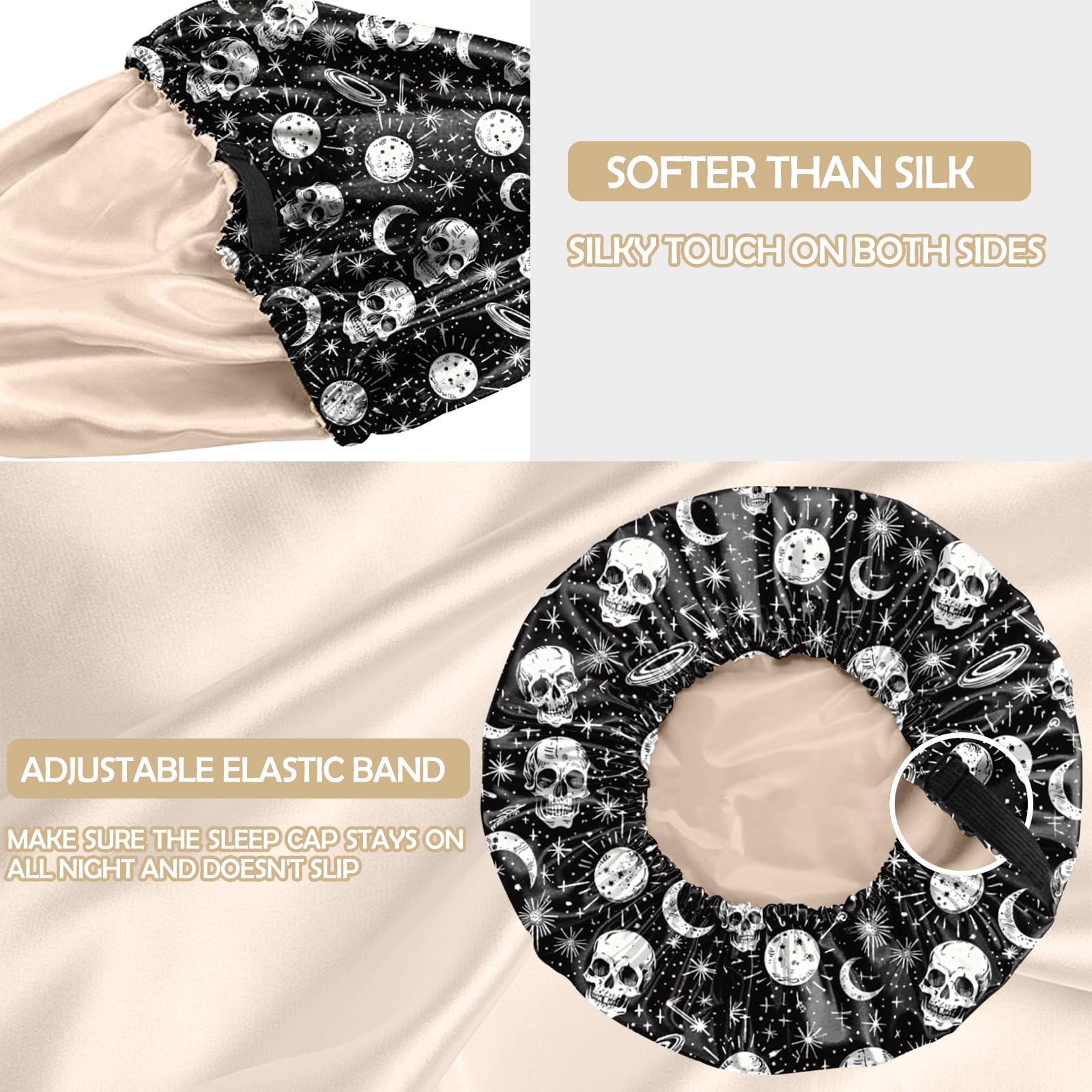 BHAHB Satin Bonnet Silk Bonnet for Sleeping Double Layer Elastic Adjustable Hair Caps Reusable Cute Aesthetic for Women Girls (O22-Skull) - Image 3
