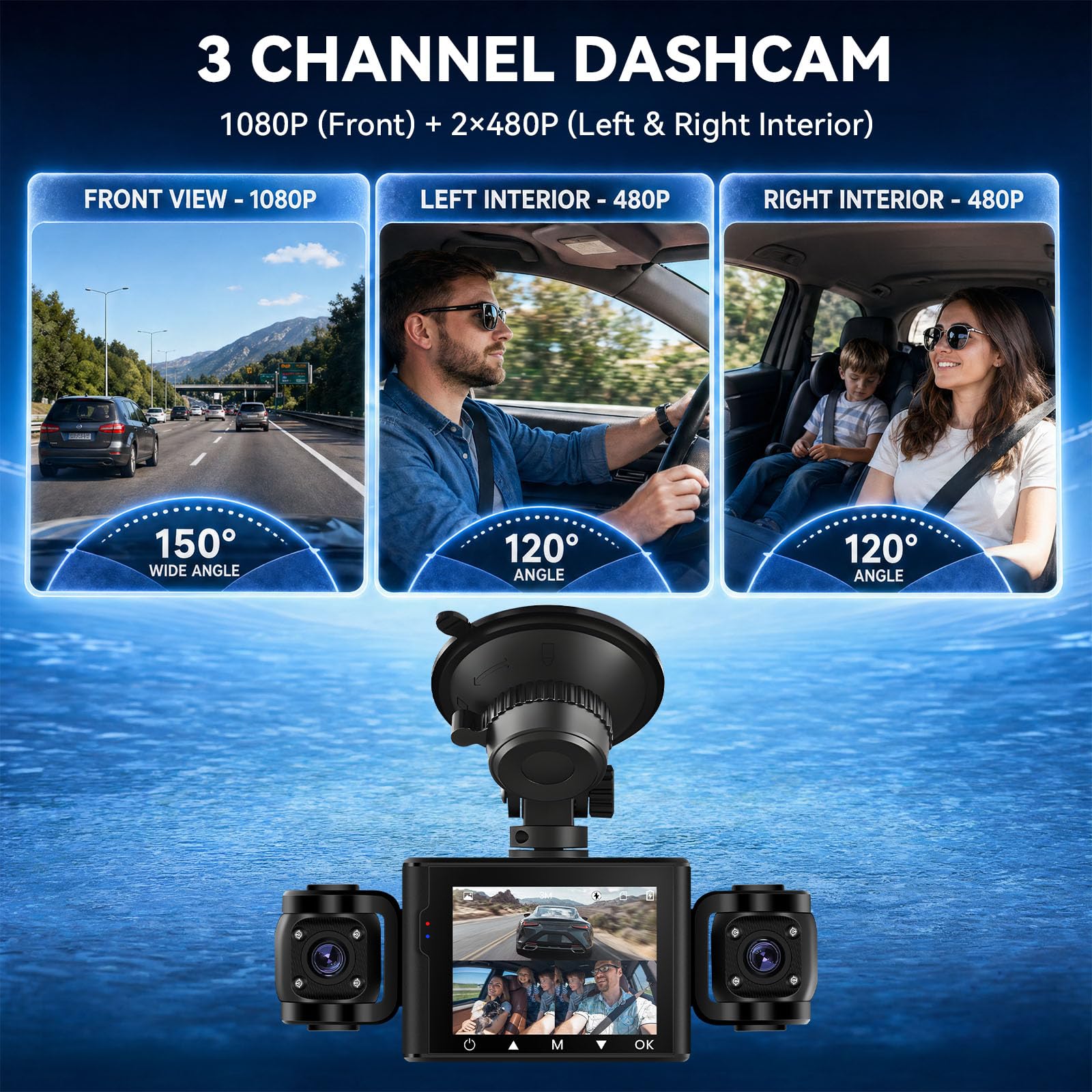 Caméra Embarquée 3 Canaux Full HD 1080p avec 3 Caméras, écran 2,4 Pouces, Enregistrement en Boucle, Détection de Mouvement Mode Parking pour Tous Véhicules Enregistreur de Trajet DVR pour Voiture