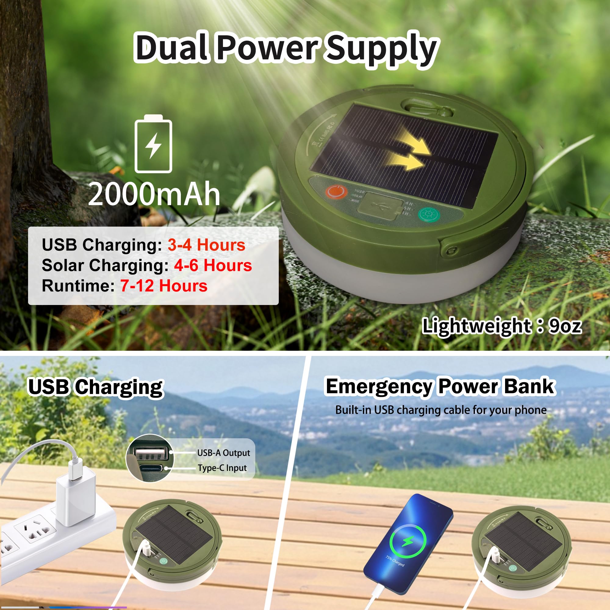 Guirlande lumineuse solaire de camping, 100 LED, rangement rapide, 9 modes d'éclairage, guirlande lumineuse portable étanche pour extérieur, terrasse, jardin, décoration de fête