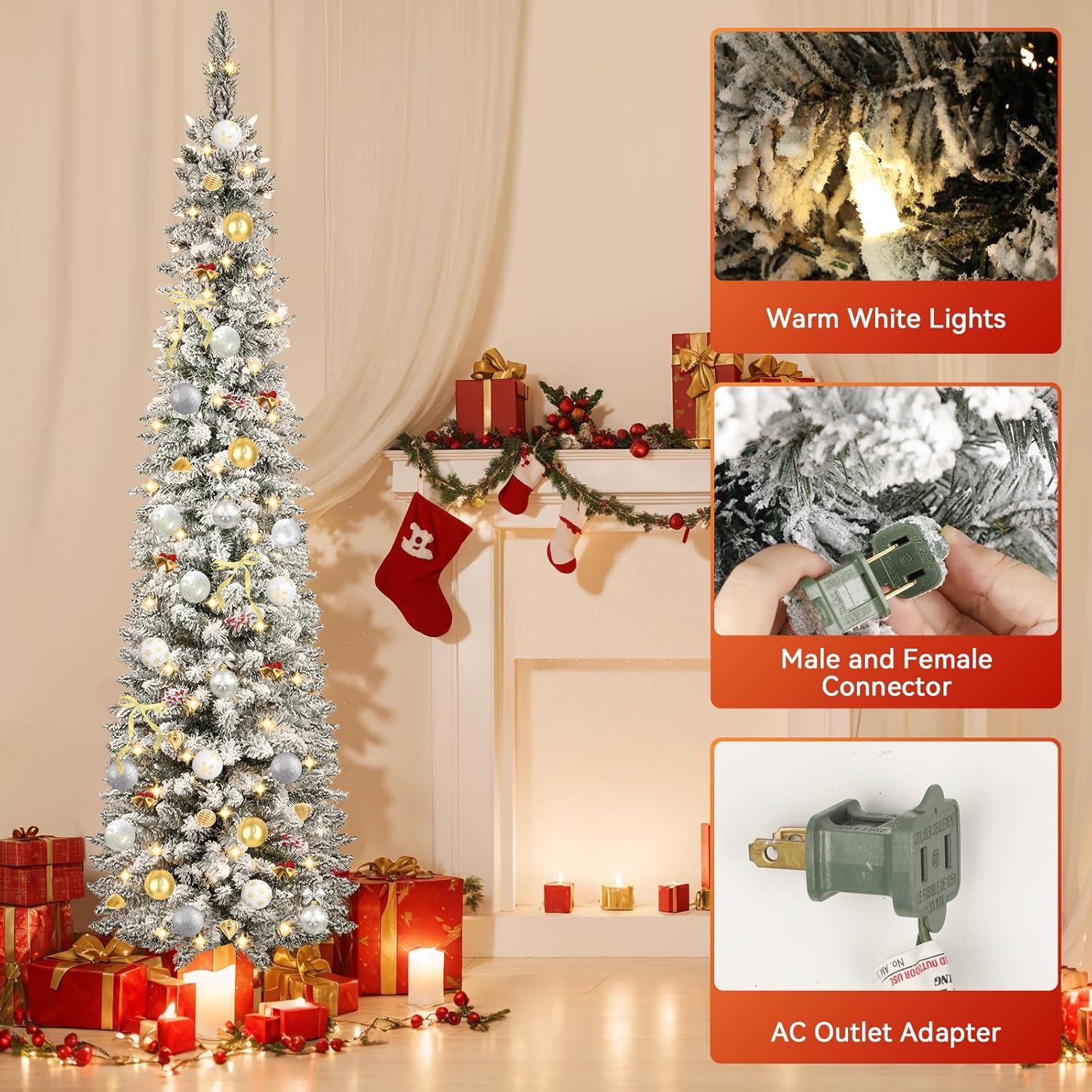 6ft Snow Flocked Christmas Tree Pre-Lit with Warm Lights, White Frosted Pencil Noble Fir, Lighted Slim Artificial Xmas Tree Metal Stand, Premium Holiday Decoration UL Listed