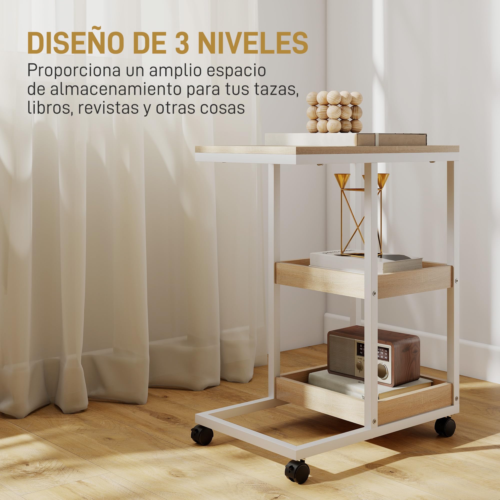 HOMCOM Mesa Auxiliar con Ruedas 2 Estantes, 51x33x66 cm, Natural y Blanco | Mesa Auxiliar para Sofá en Forma de C, Estantes Abiertos, Marco de Acero, para Salón, Dormitorio