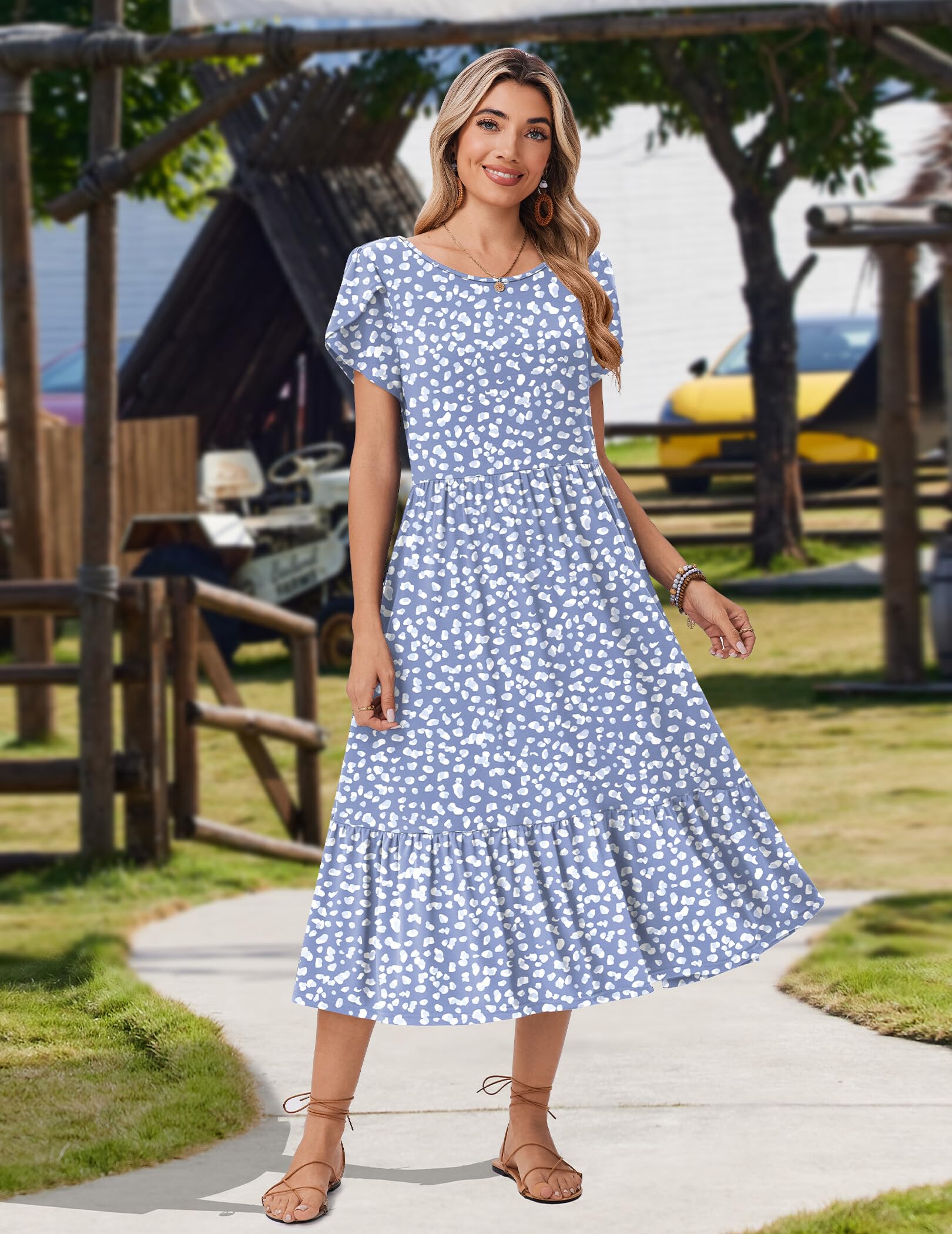 ZEAGOO Vestido Verano Manga Corta Medio-largo para Mujer Vestidos Holgado Cuello Redondo con Bolsillos Bohemio Elegante Vestido S-XXL