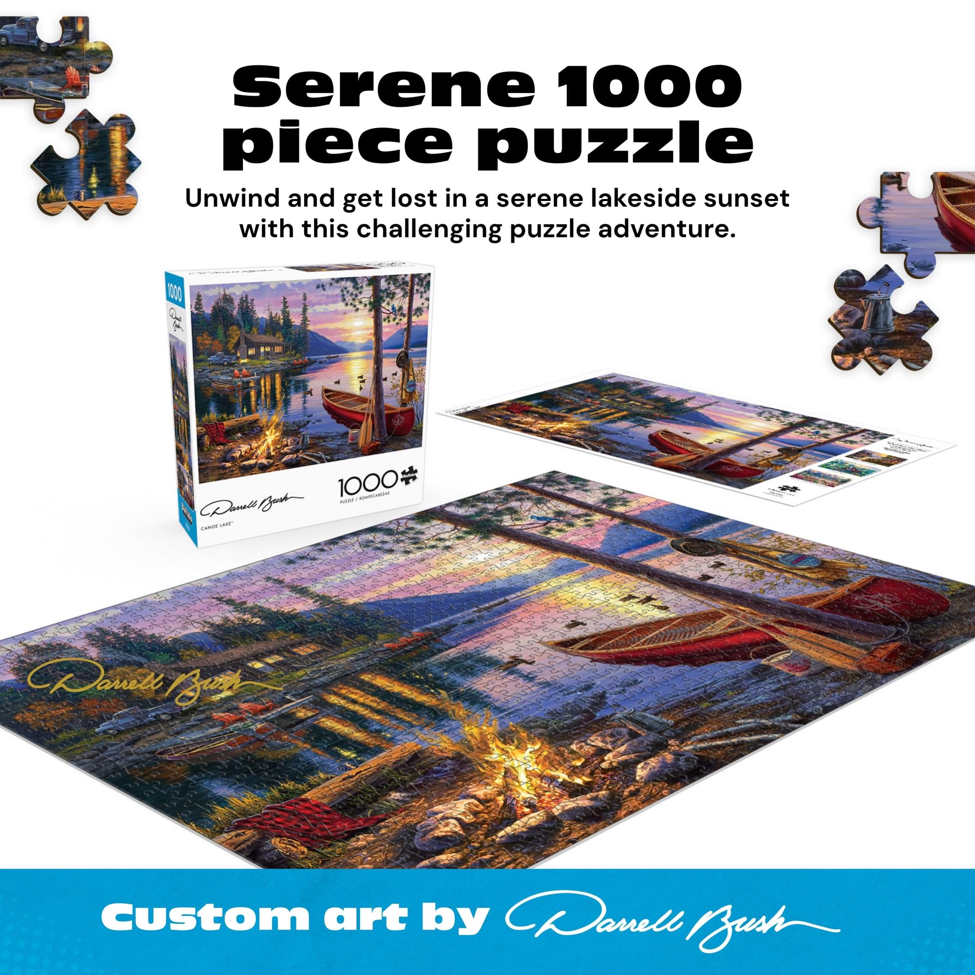 Buffalo Games - Canoe Lake 1000 Piece Puzzle for Adults - Jigsaw Puzzles – Darrell Bush Cabin Sunset Artwork with Poster – Challenging Outdoor Nature Scene