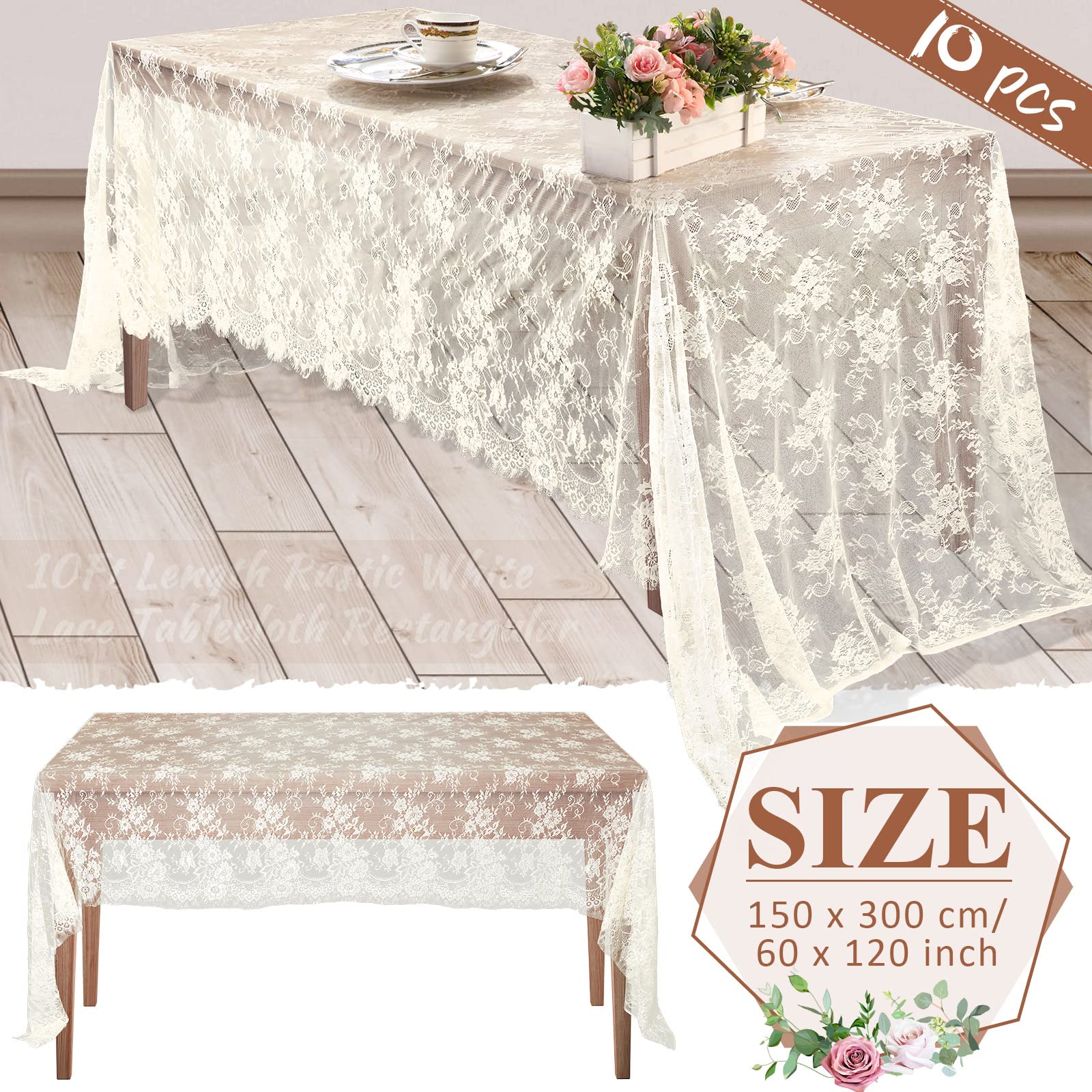 Elfenbeinfarbene Spitzentischdecken für Hochzeit, Blumenmuster, Spitze, bestickt, rechteckig, Tischüberzug, Party-Dekorationen für Hochzeit, Babyparty, 150 x 296 cm, 10 Stück