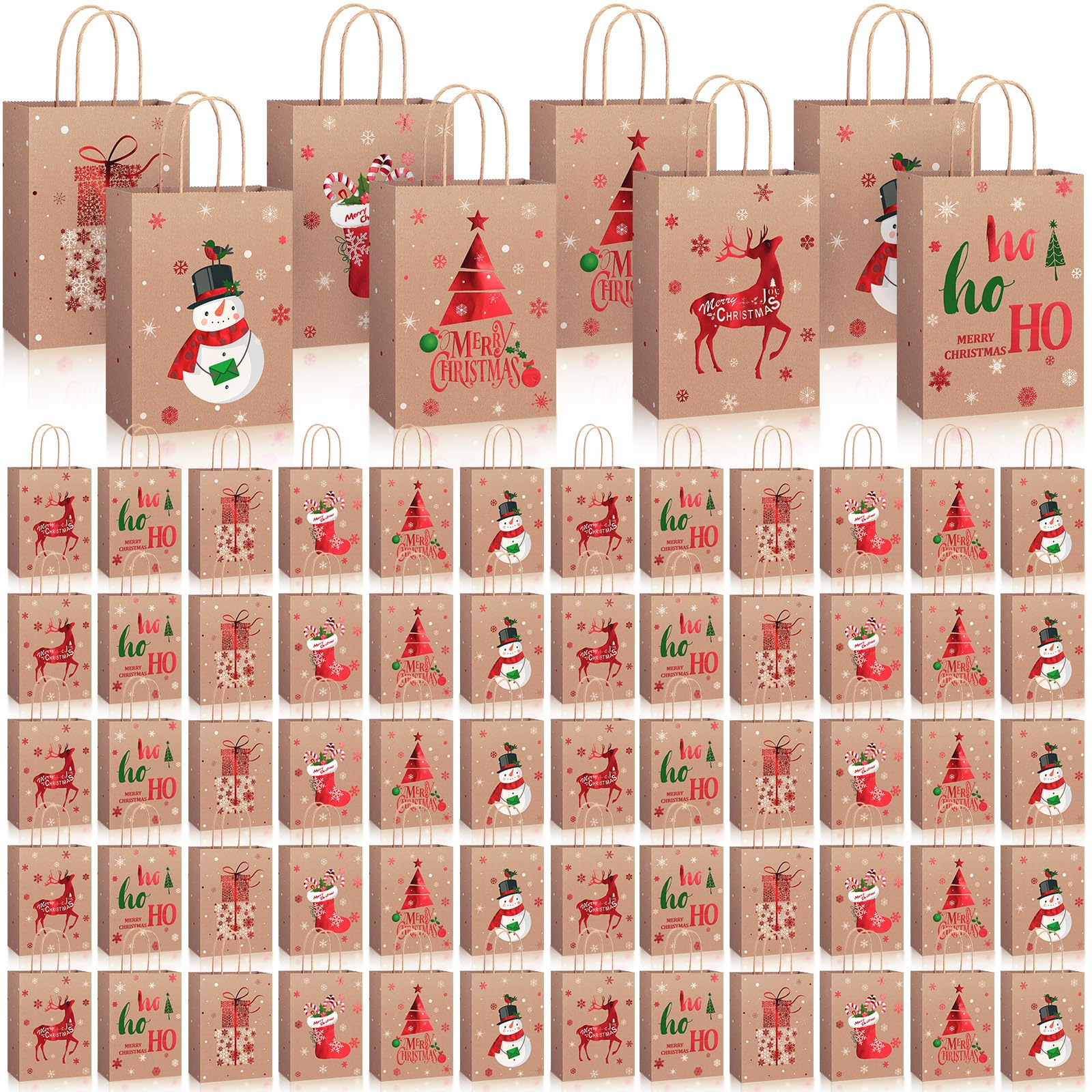 Containlol 72 Pcs Christmas Kraft Gift Bags with Handles Medium Xmas Party Gold Foil Paper Bags Snowman Christmas Tree Paper Goodie Bag Bulk for Xmas