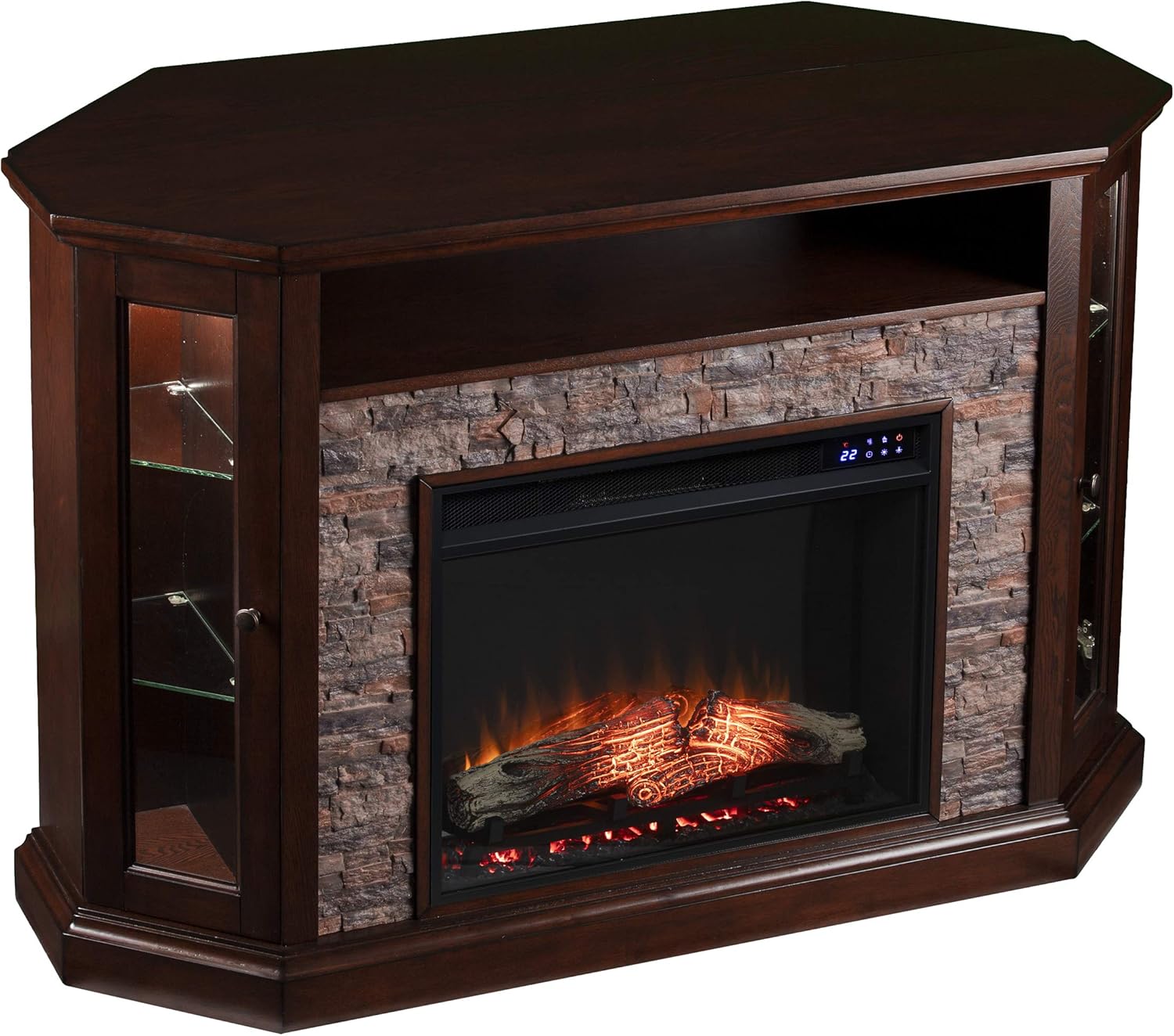 SEI Furniture Redden Faux Stone Corner Convertible Electric Fireplace with Media Storage, New Espresso