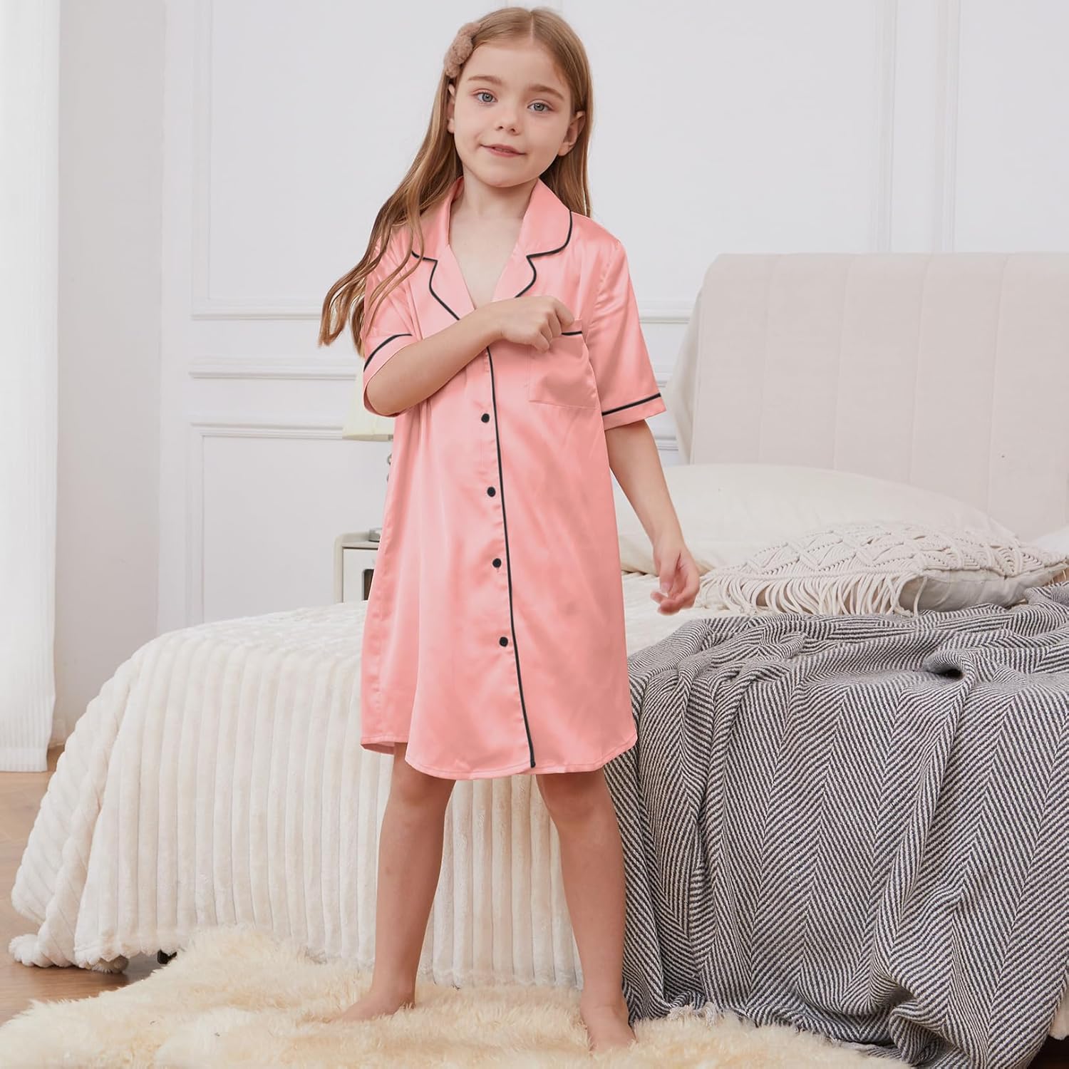QPANCY Girls Satin Nightgowns Button Down Silky Sleepwear Pajamas Short Sleeve Princess Night Dresses Loungewear - Image 3