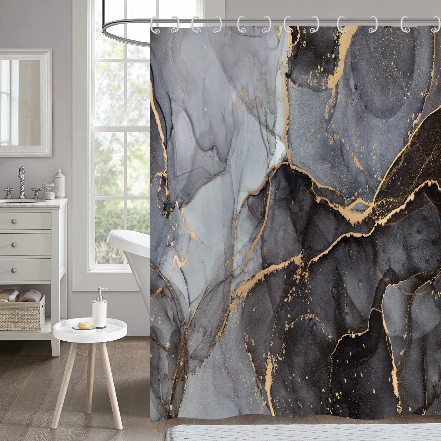 Hnmdmyi Marble Shower Curtain 200x180, Black and Grey Glitter Shower Curtains Gold Crack Abstract Modern Luxury Art Decorative Bathroom Curtains with Hooks Waterproof Polyester Fabric Bath Curtains