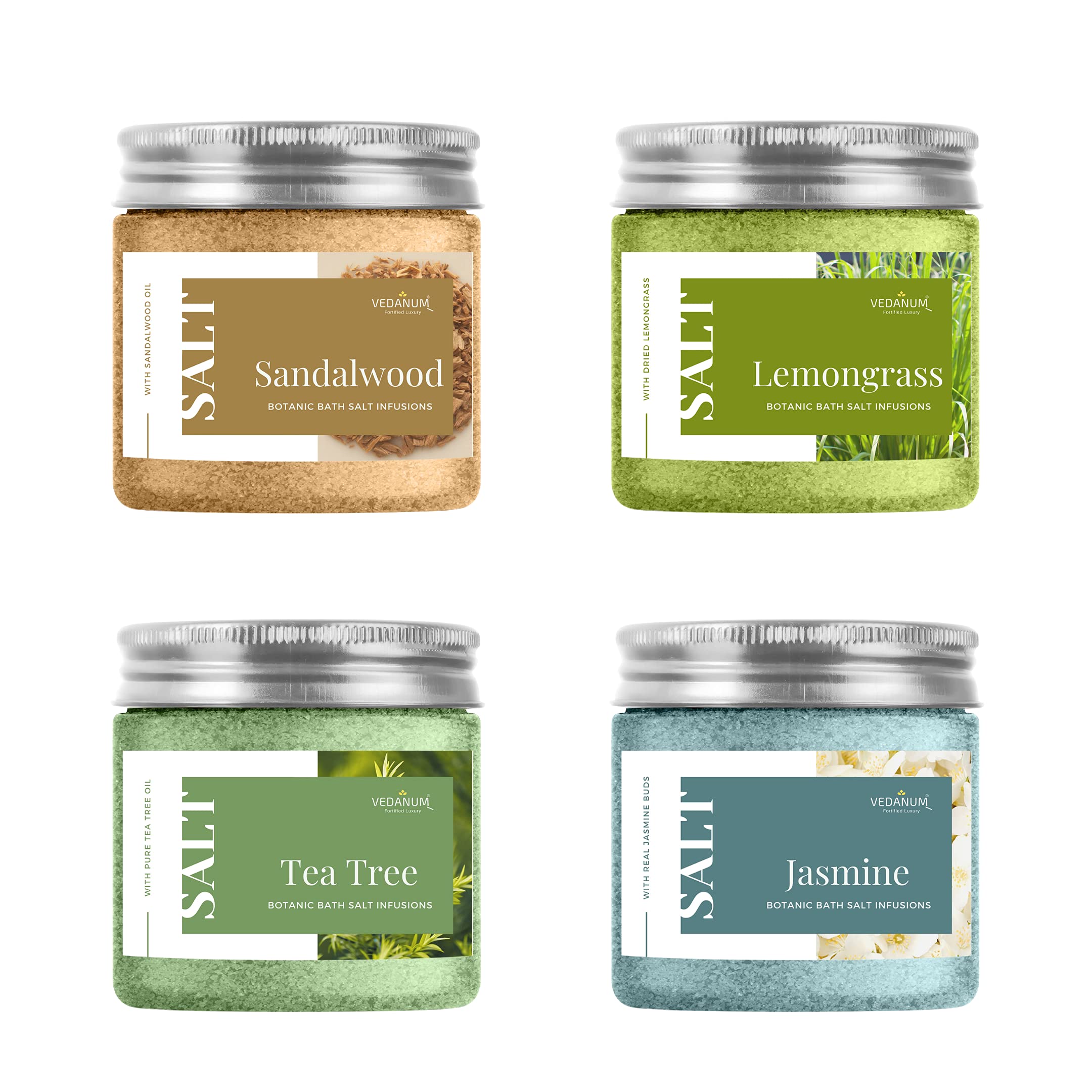 Botanic Infusion Sandalwood, Lemongrass, Tea Tree, Jasmine Bath Salt Combo for Relaxing, Pain Relief and Foot Massage - Pack of 4 Jars 100 Gm Each-image-35