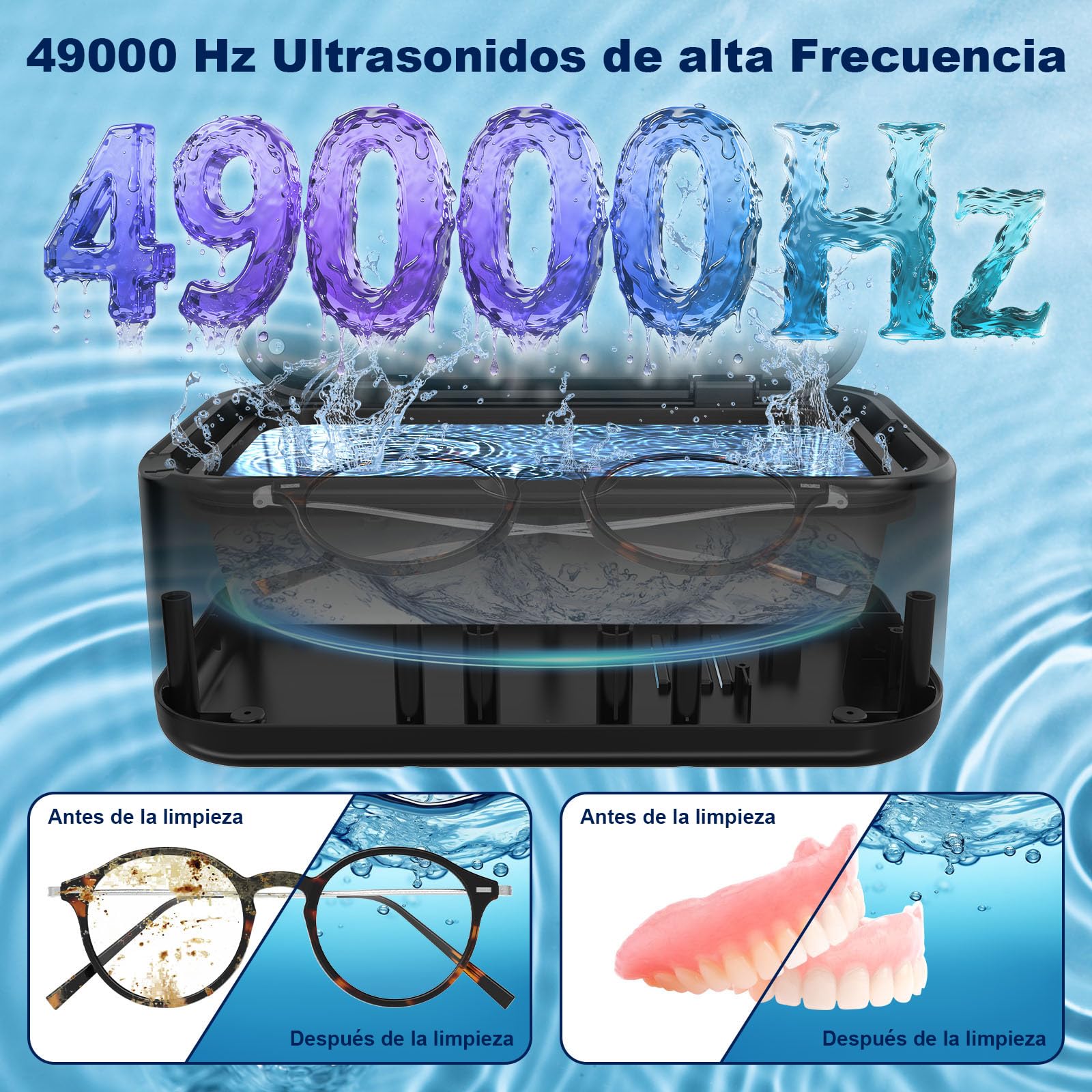 Dispositivo de limpieza por ultrasonidos férula dental 49 kHz | 5 modos, portátil, 800 ml, acero inoxidable 304 SUS