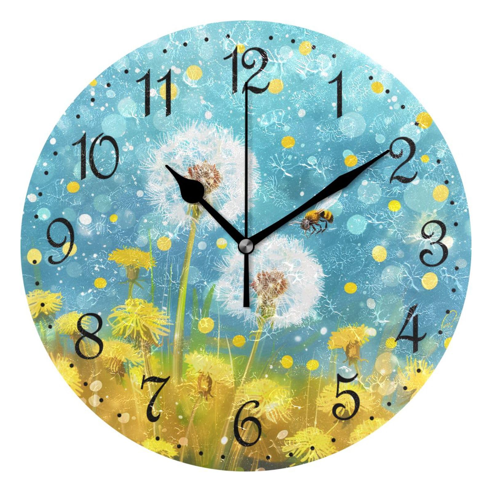 Mnsruu Wall Clock Dandelion Bee, Silent Non-Ticking Decorative Wall Clocks Battery Operated 25x25cm