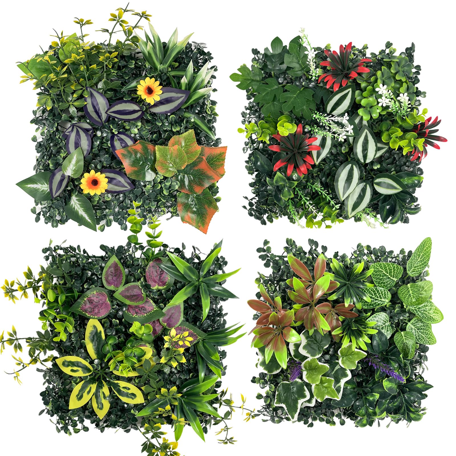 Lxoraziy 4Pcs Artificial Green Wall Panels 25x25cm, Mixed Fake Plant Wall Mat for Indoor Outdoor Wall Decor Garden Fence Privacy Screen -B