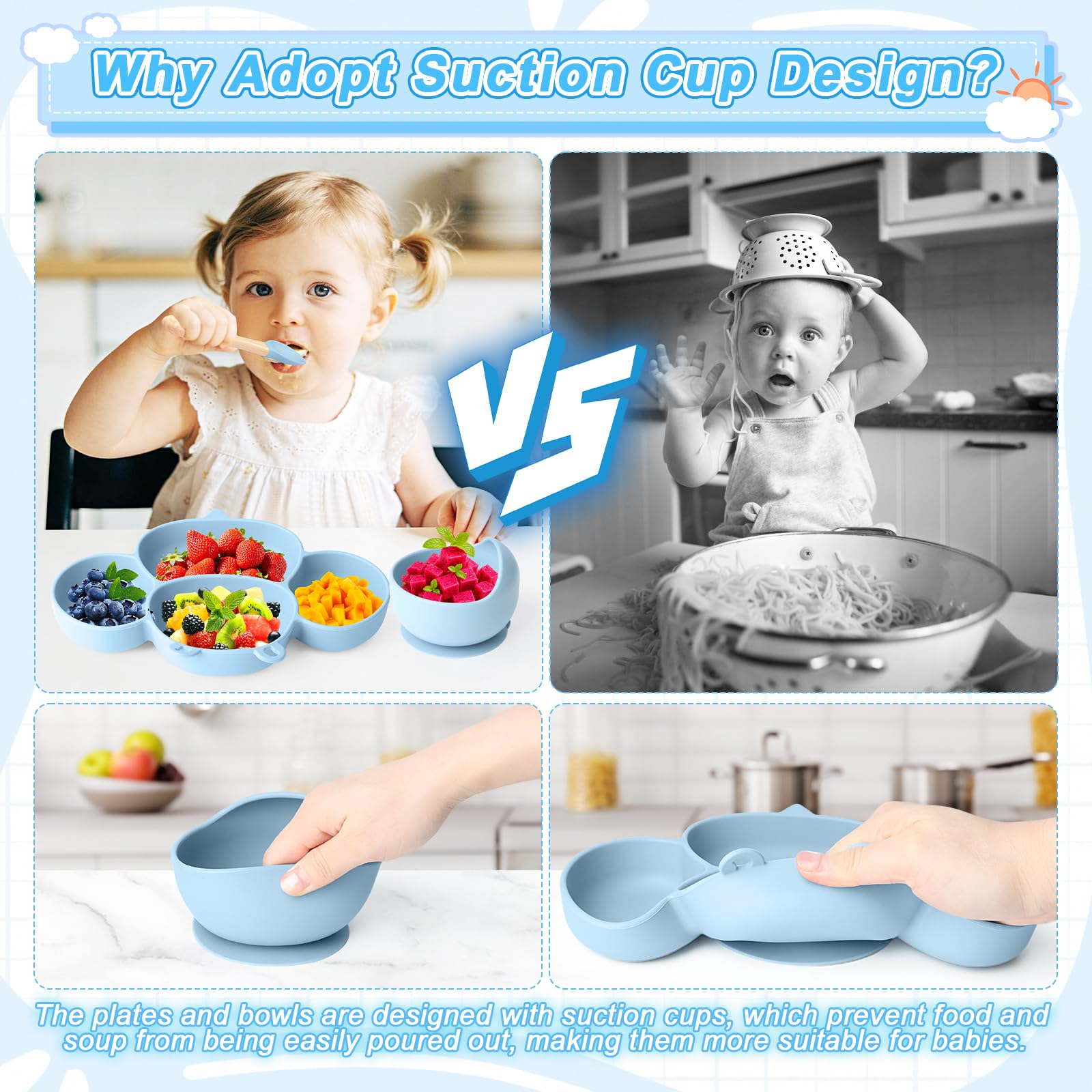 Set de Vaisselle Bébé en Silicone,Set de Repas Antidérapant pour Enfant avec Ventouse, Set de Vaisselle 8 Pièces Bébé