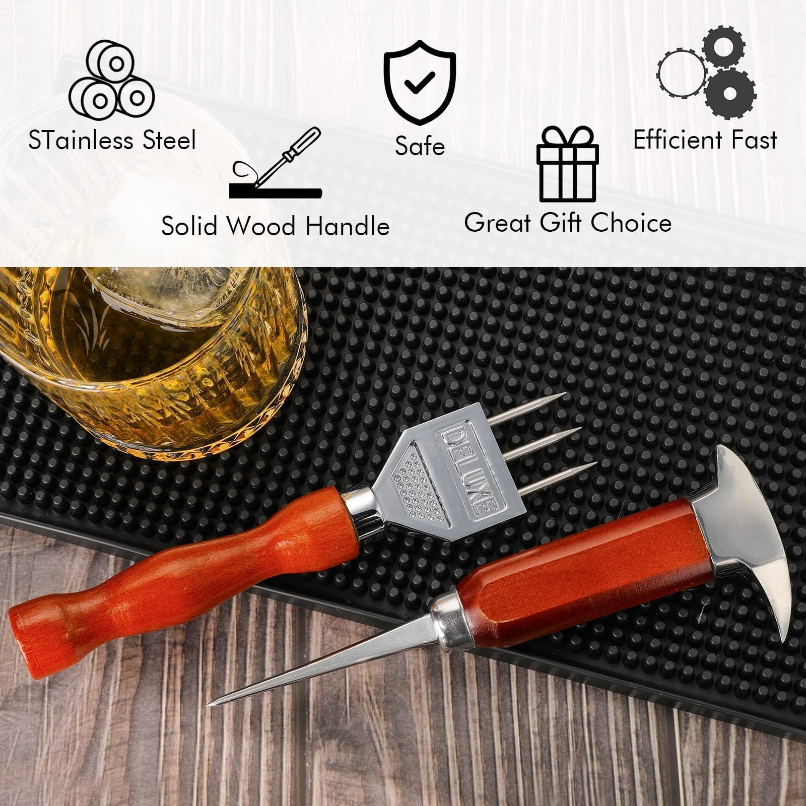 Ice Pick Set di 2 con Manico in Legno, Cippatrice per Il Ghiaccio 304 in Acciaio Inox,Tritaghiaccio,Scalpello per Ghiaccio, Ghiaccio Tritato, di sicurezza per bar da cucina