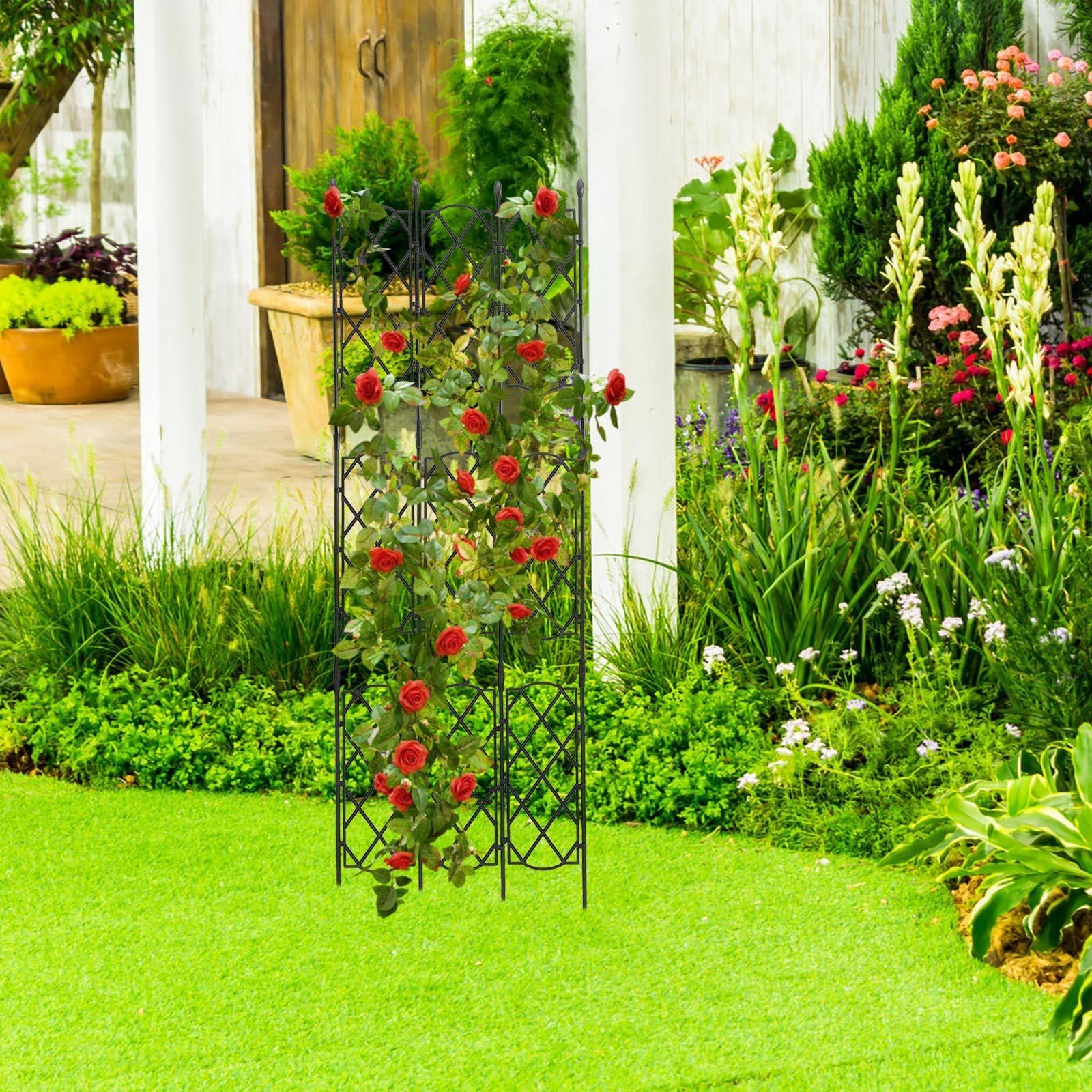 Gartenspalier aus Stahl und Kunststoff Rankgitter für Kletterpflanzen und Blumentöpfe Stabile Pflanzenstütze für Außenbereich im Garten Schwarz
