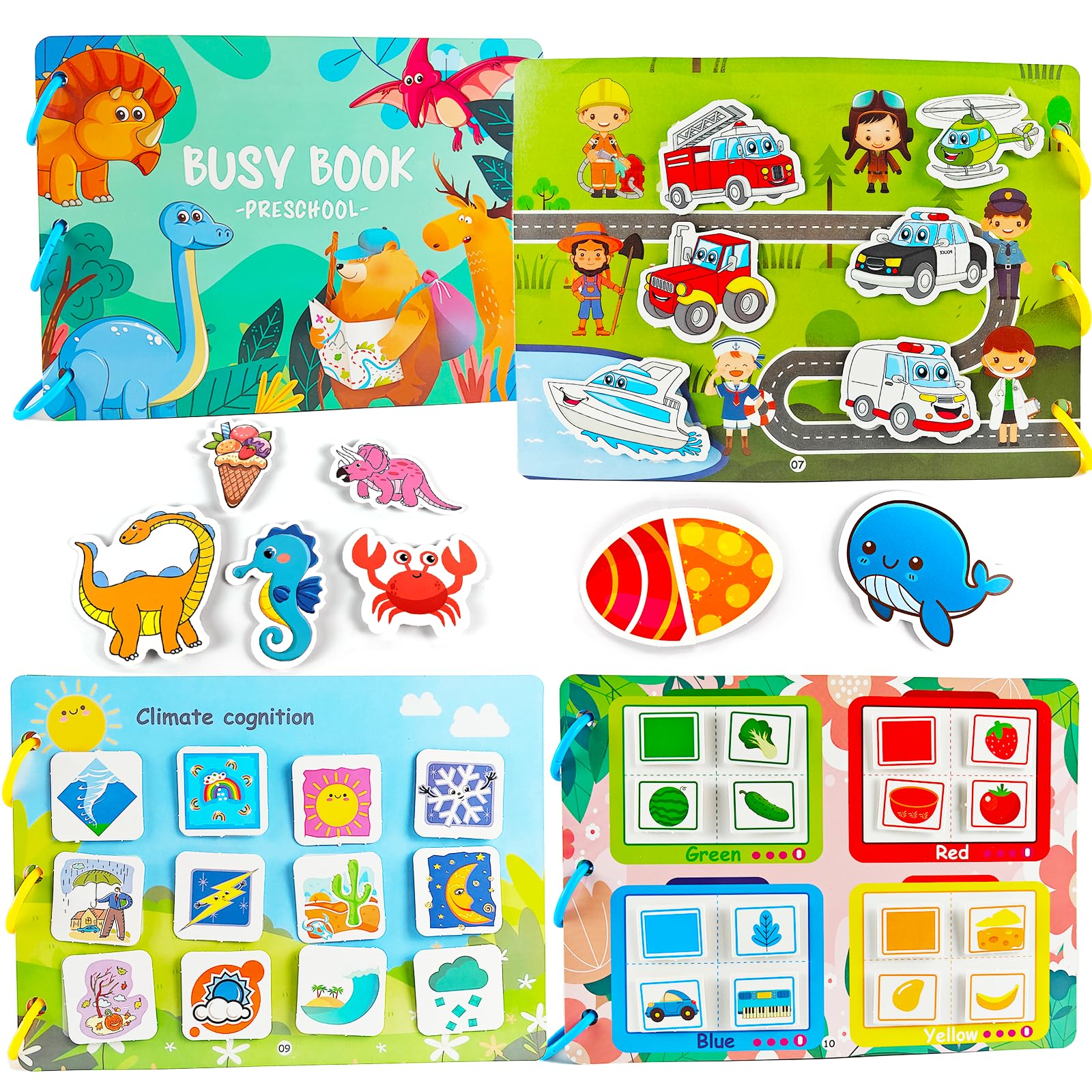 Montessori Book for 1 2 3 4 5 Year Old Kids, Quiet Book, Busy Book, Activity Book for Learning Animals, Colors, Shapes, Fruits, Vegetables, Vehicles, Climate, Food and Dinosaurs