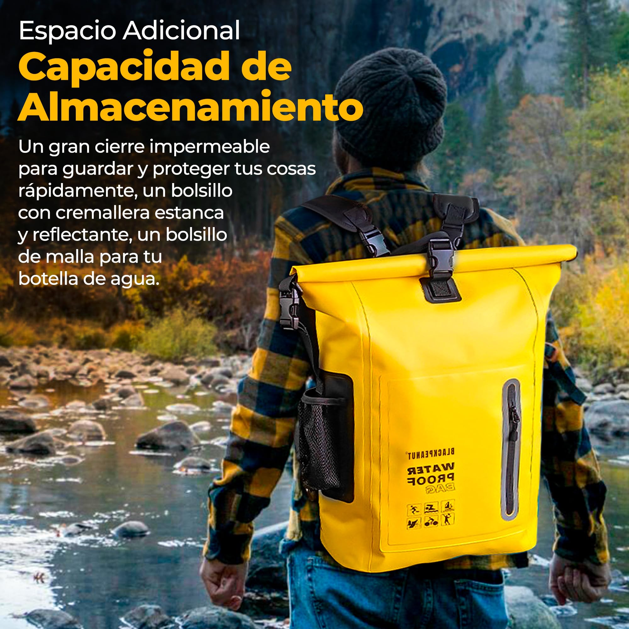 Mochila Estanca 25L Negro Bolsa Seca Impermeable Kayak Playa | Bolsillo exterior para botella, tirantes acolchados, dry bag ligero, pesca, paddle surf, camping y senderismo