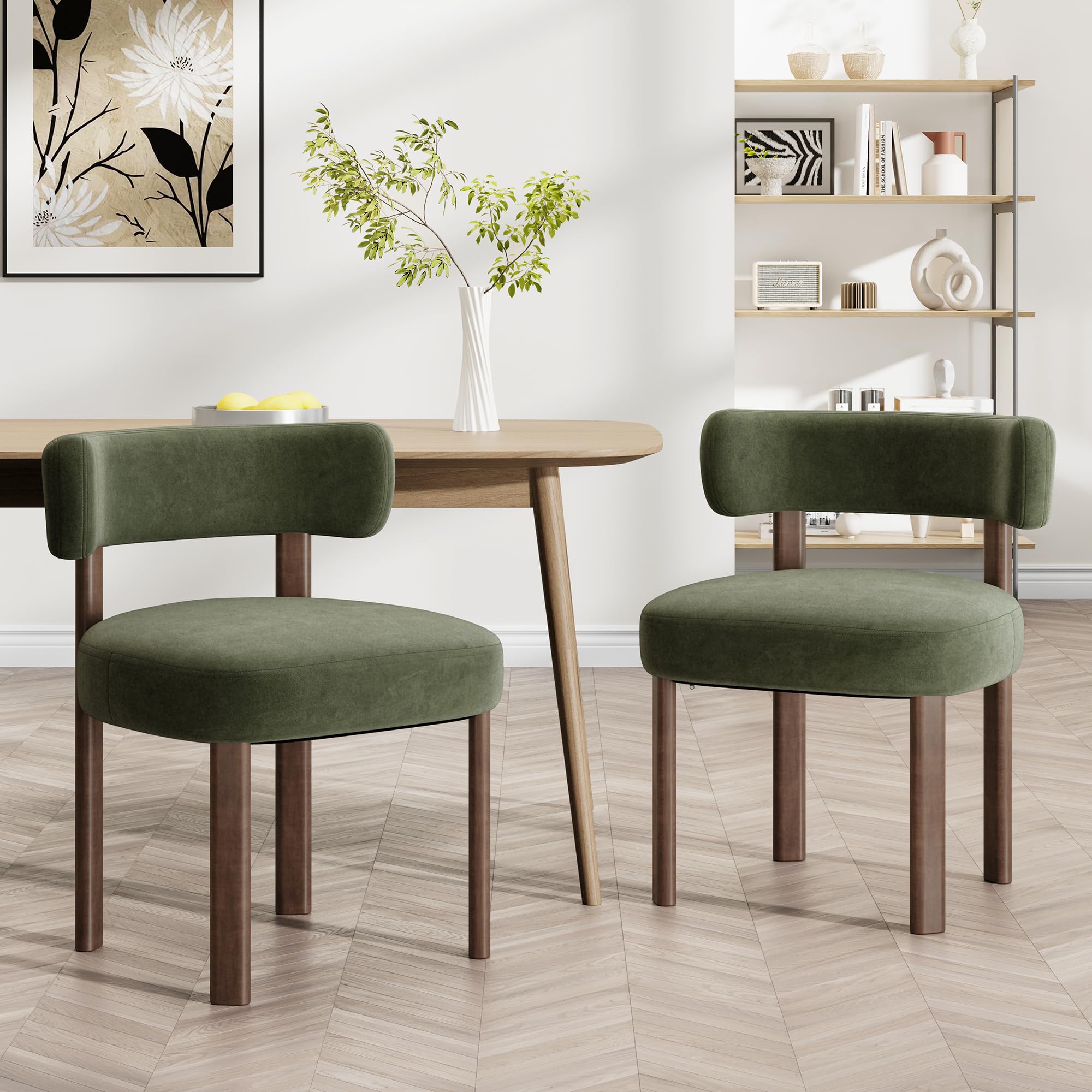 COLAMY Wooden Dining Chairs Set of 2, Velvet Fabric Chairs for Dining Room with Open Curved Backrest and Thick Seat Cushion, Upholstered Kitchen Chair with Anti-Slip Pads, Green